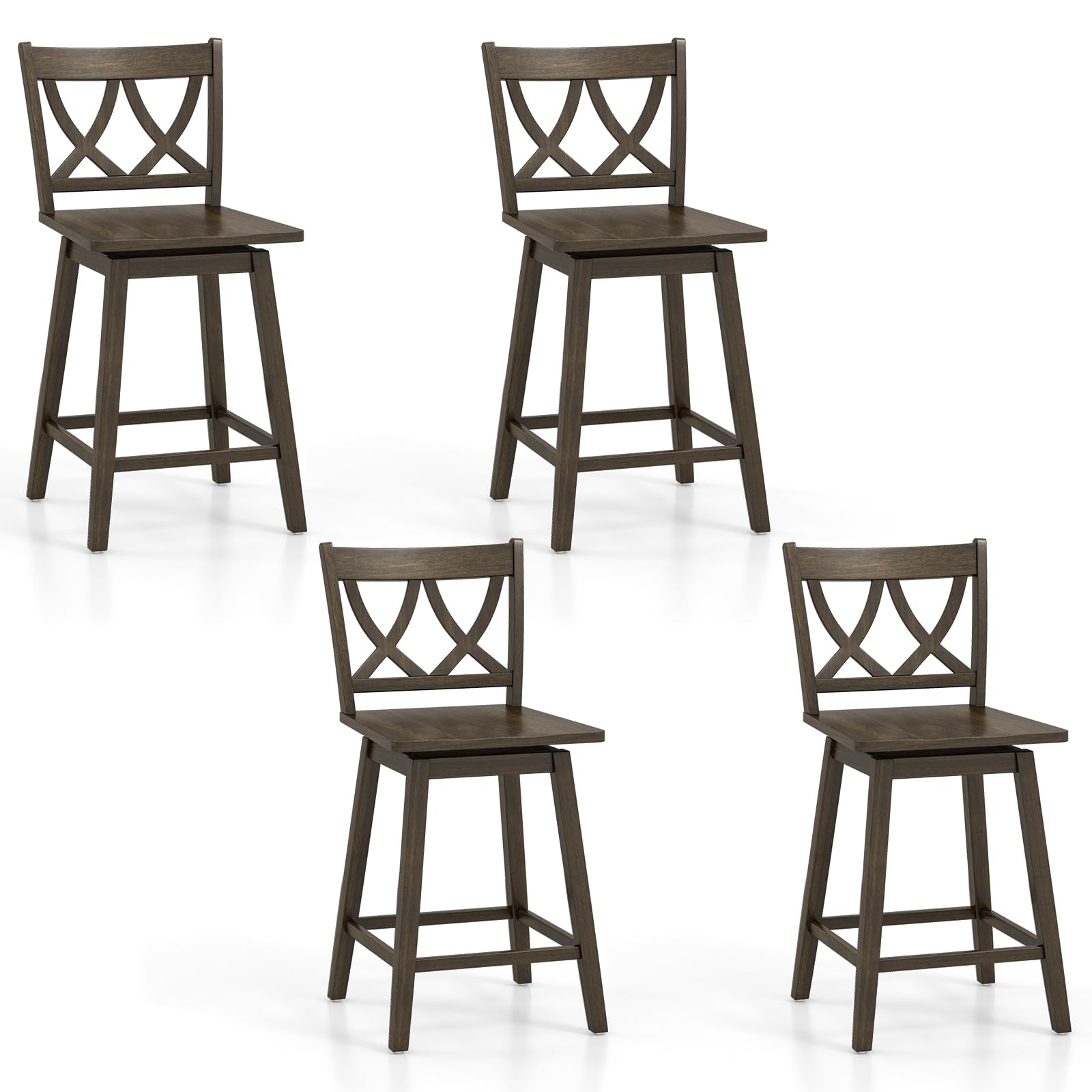 KOMFOTT Bar Stools Set of 2/4, Swivel Wooden Bar Chairs with Rubber Wood Frame, Footrest & Ergonomic Backrest