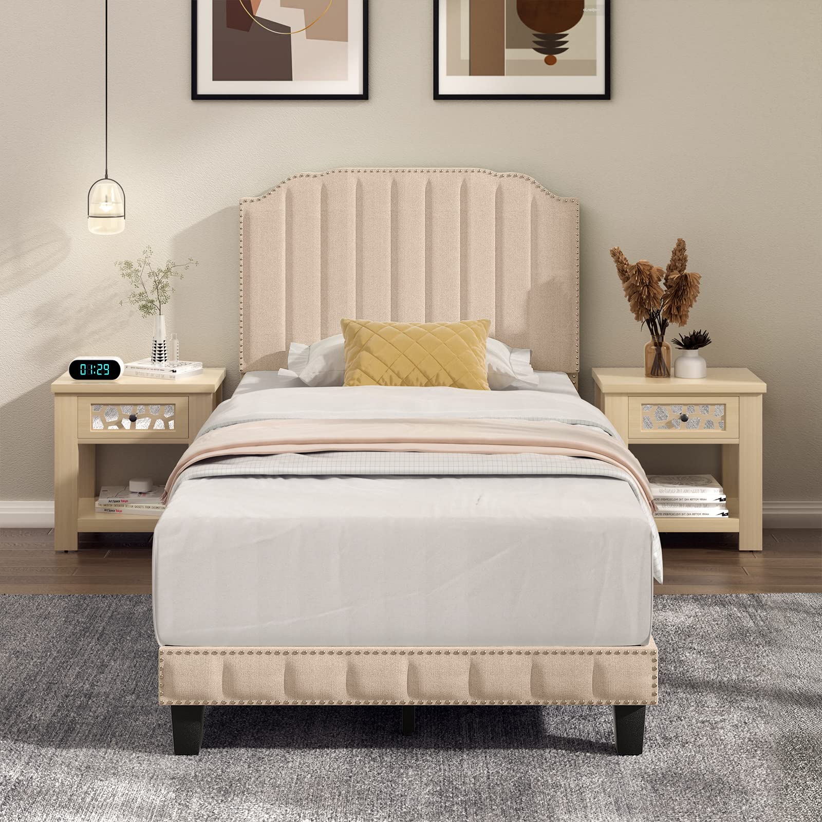 KOMFOTT Twin/Full/Queen Size Upholstered Platform Bed Frame with Headboard