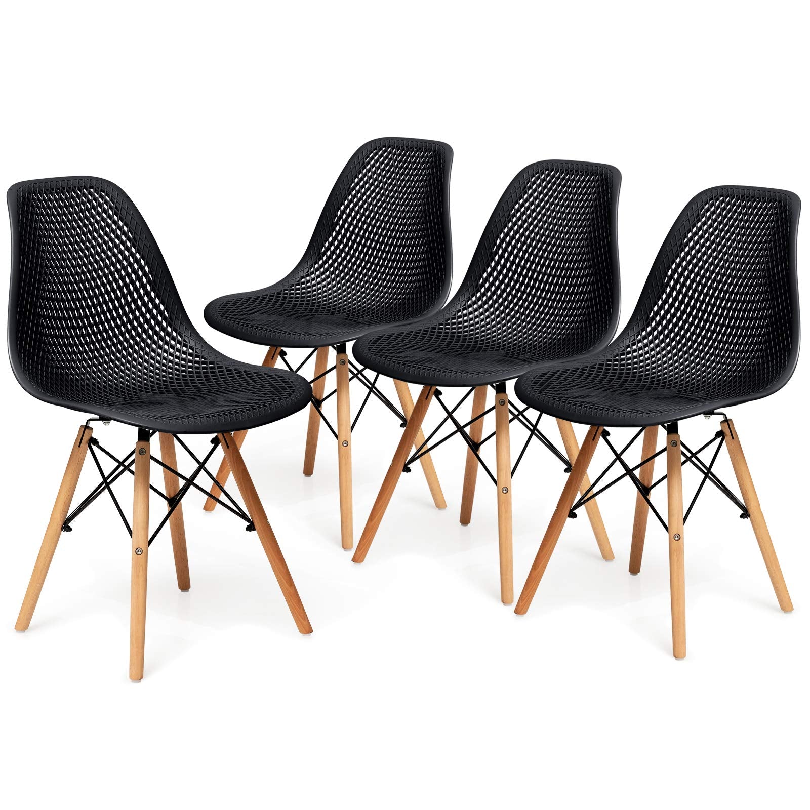 KOMFOTT Set of 4 Modern Dining Chairs, Outdoor Indoor Shell PP Lounge Side Chairs with Mesh Design, Beech Wood Legs