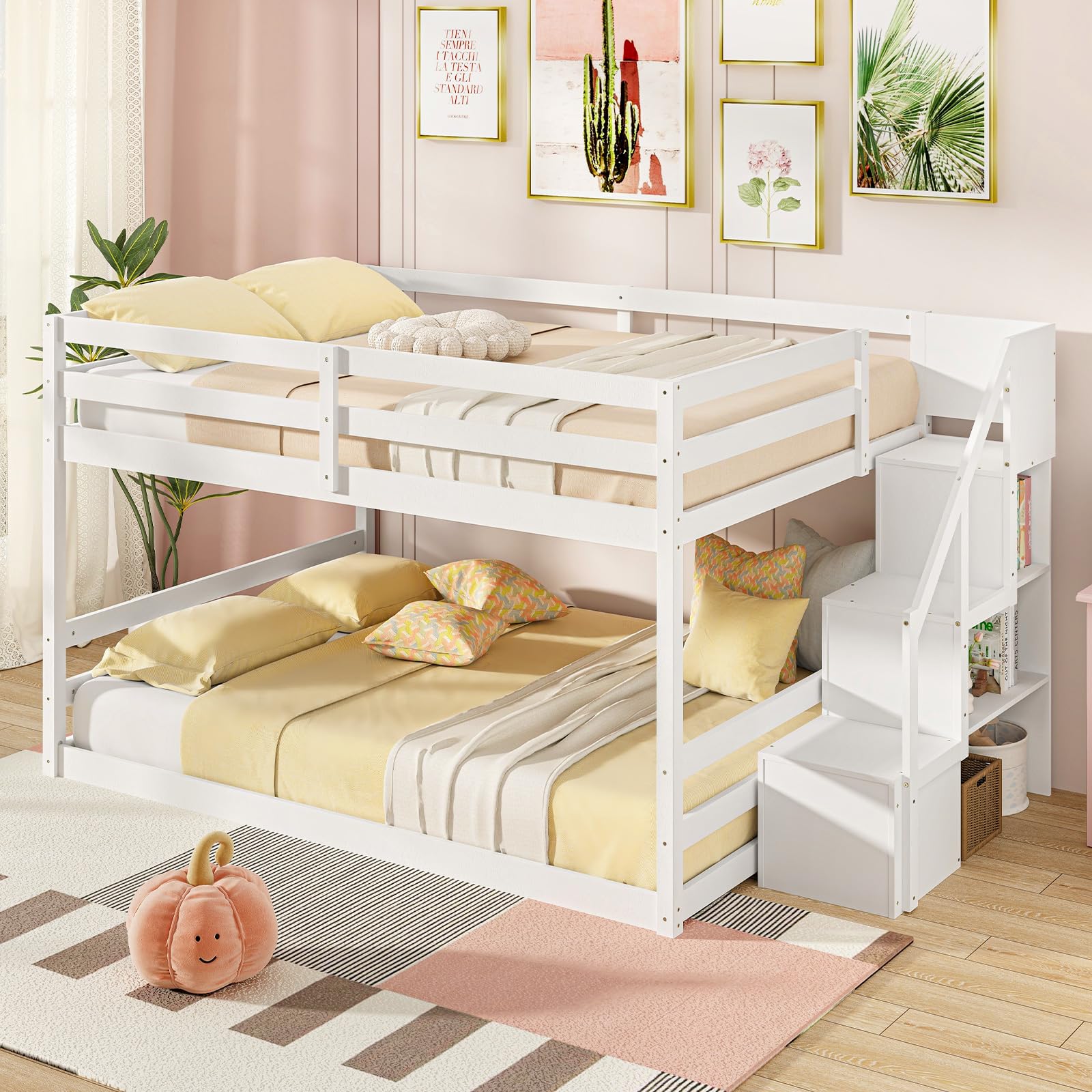 KOMFOTT Bunk Bed with Stairs, Solid Wood Floor Bunk Bed with Storage Staircase & Full-Length Guardrails