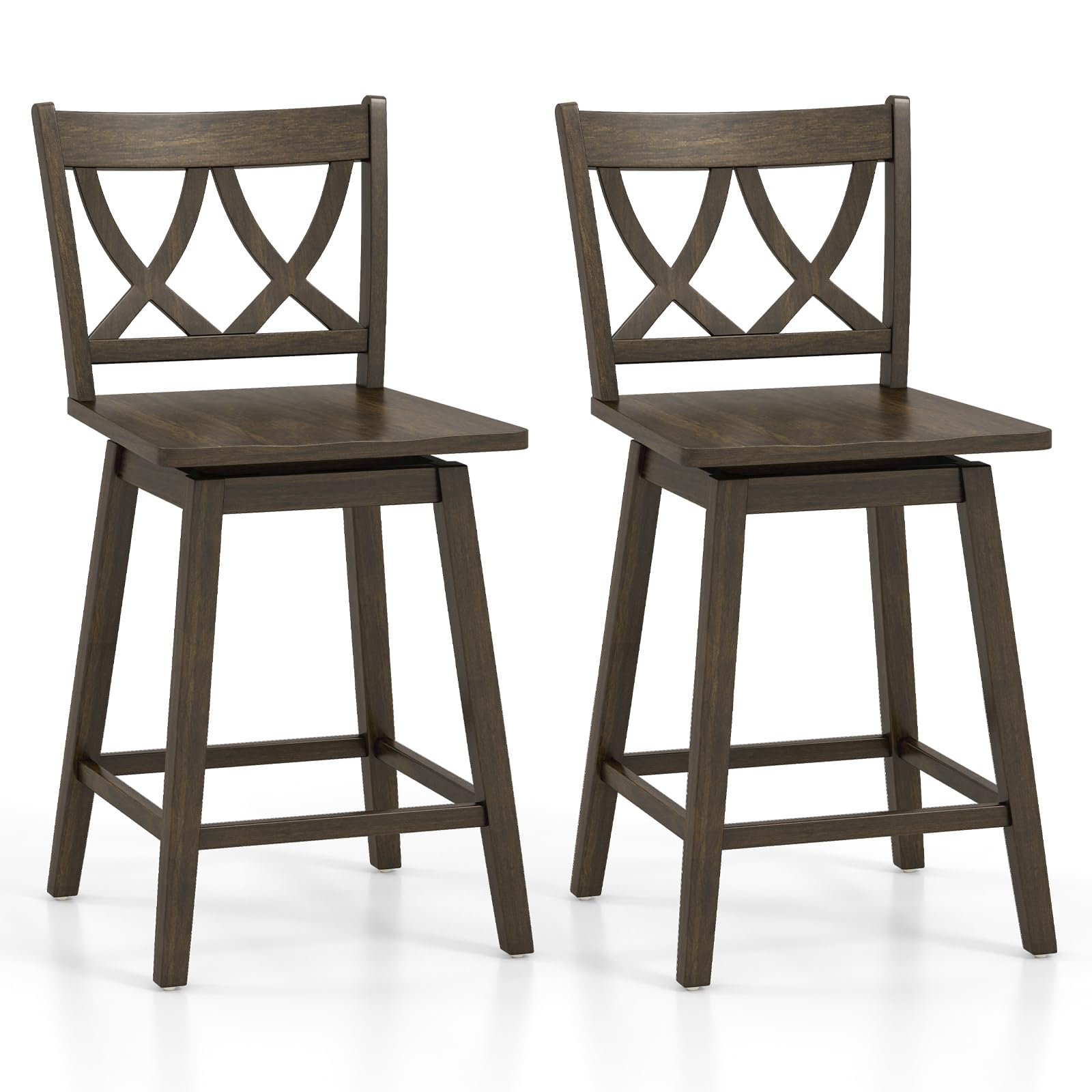 KOMFOTT Bar Stools Set of 2/4, Swivel Wooden Bar Chairs with Rubber Wood Frame, Footrest & Ergonomic Backrest