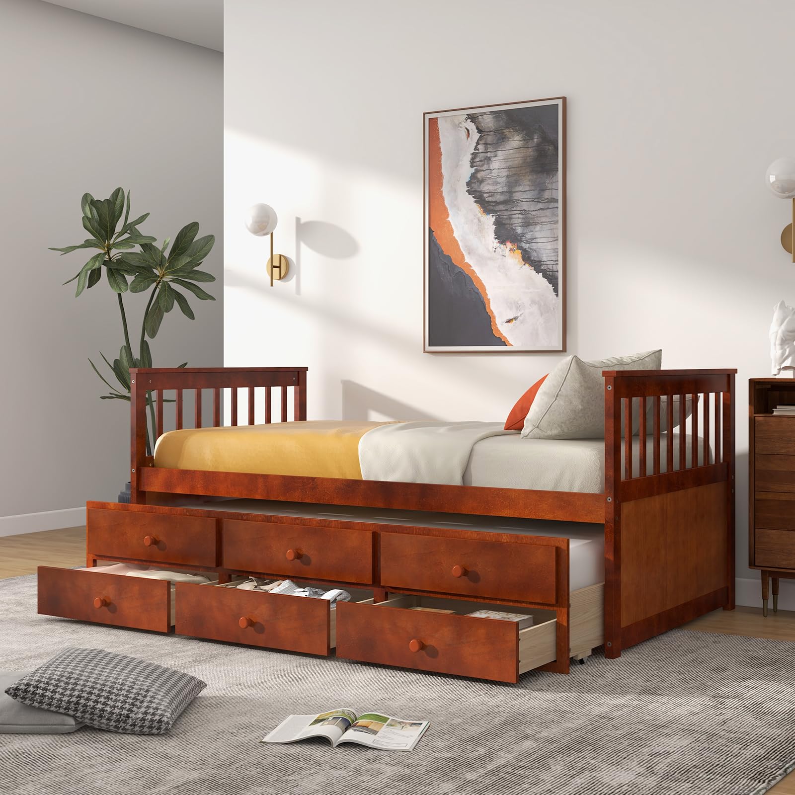 KOMFOTT Twin Size Wooden Captain Daybed with Drawers and Trundle Bed