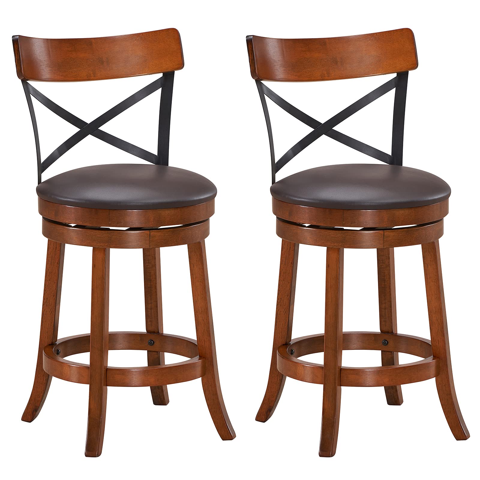 KOMFOTT Bar Stool Set of 2/4, 360-Degree Swivel Solid Wood Stools with Soft Cushion & Backrest