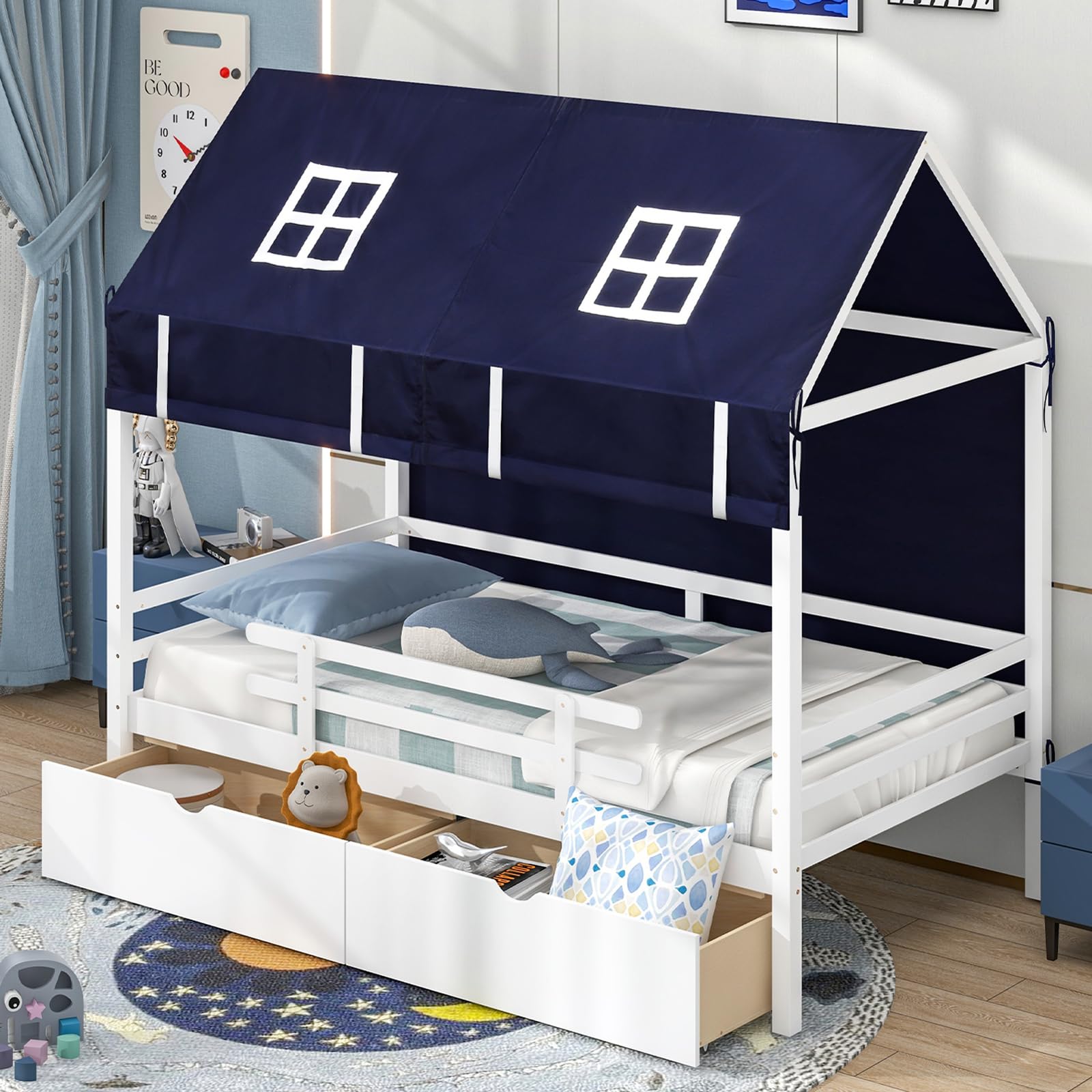 KOMFOTT Twin House Bed with Tent, Wood Kids Bed with 2 Storage Drawers, Solid Wood Daybed Frame with Rails and Roof