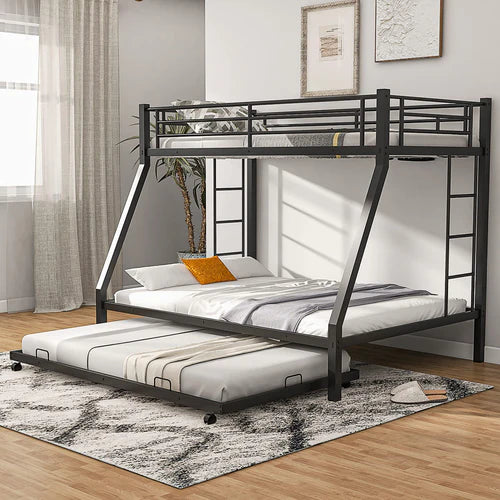 KOMFOTT Twin Over Full Bunk Bed with Trundle, Heavy-Duty Metal Bunk Bed Frame with Guardrail & 2 Ladders