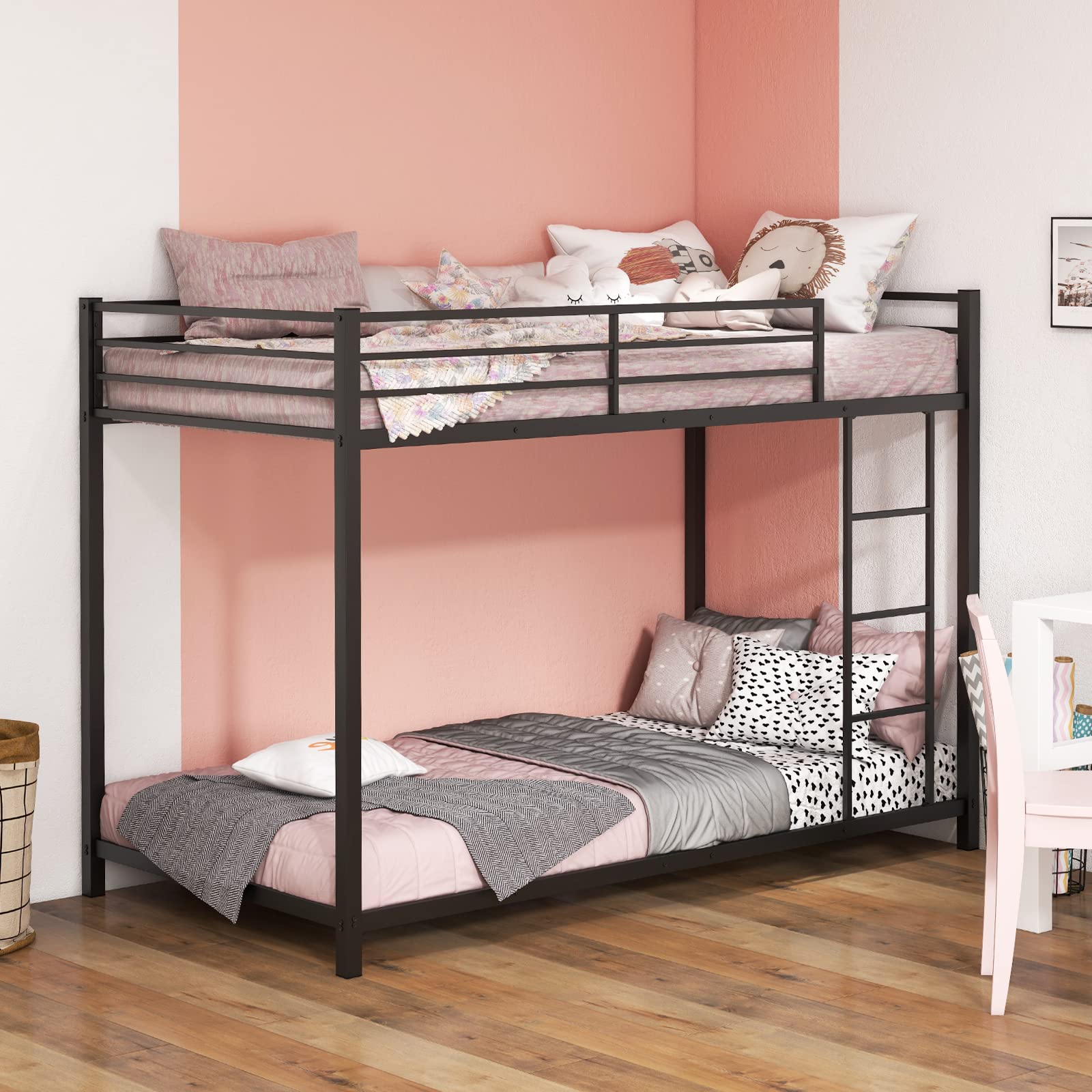 KOMFOTT Twin Over Twin Metal Low Floor Bunk Bed with Safety Guard Rail & Ladder