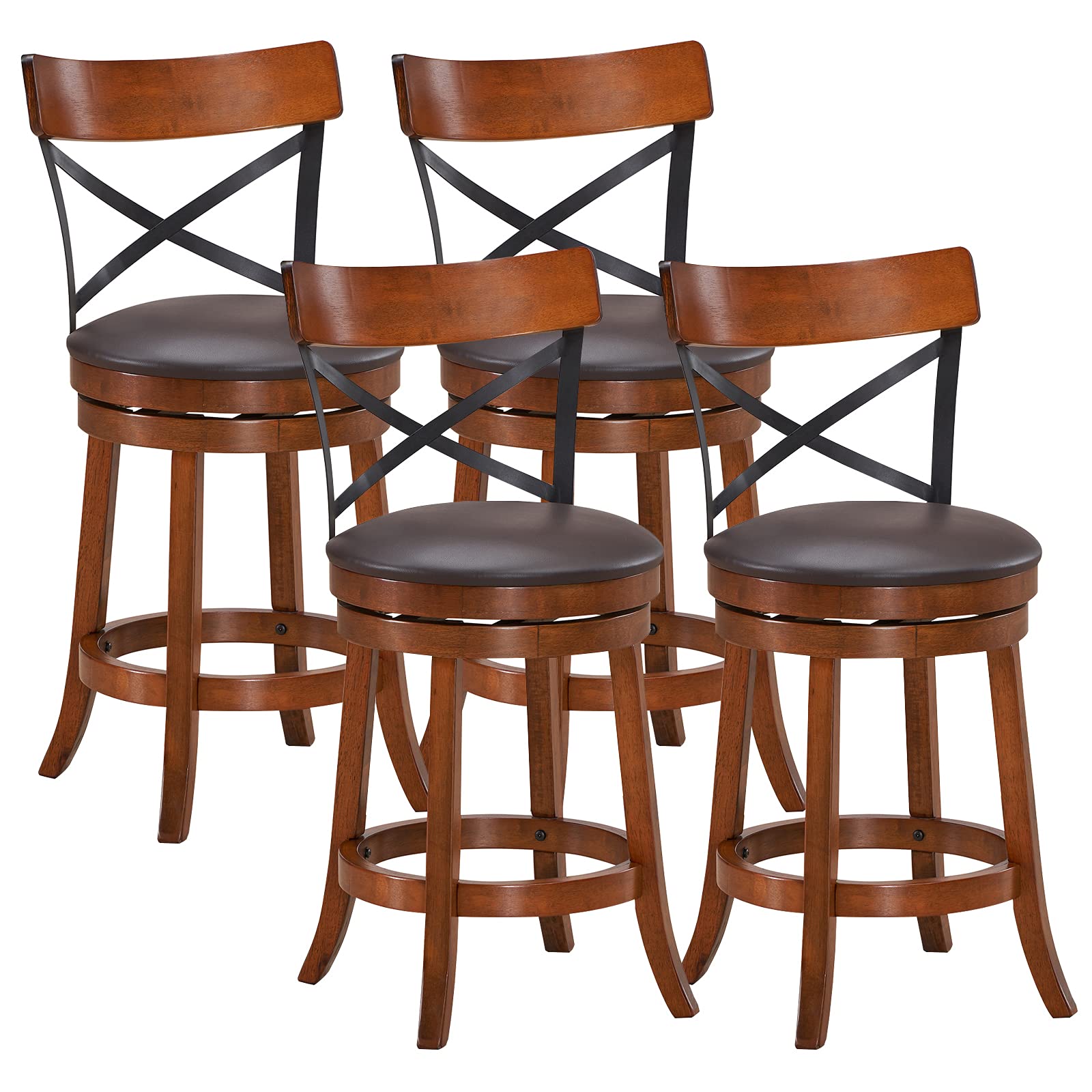 KOMFOTT Bar Stool Set of 2/4, 360-Degree Swivel Solid Wood Stools with Soft Cushion & Backrest