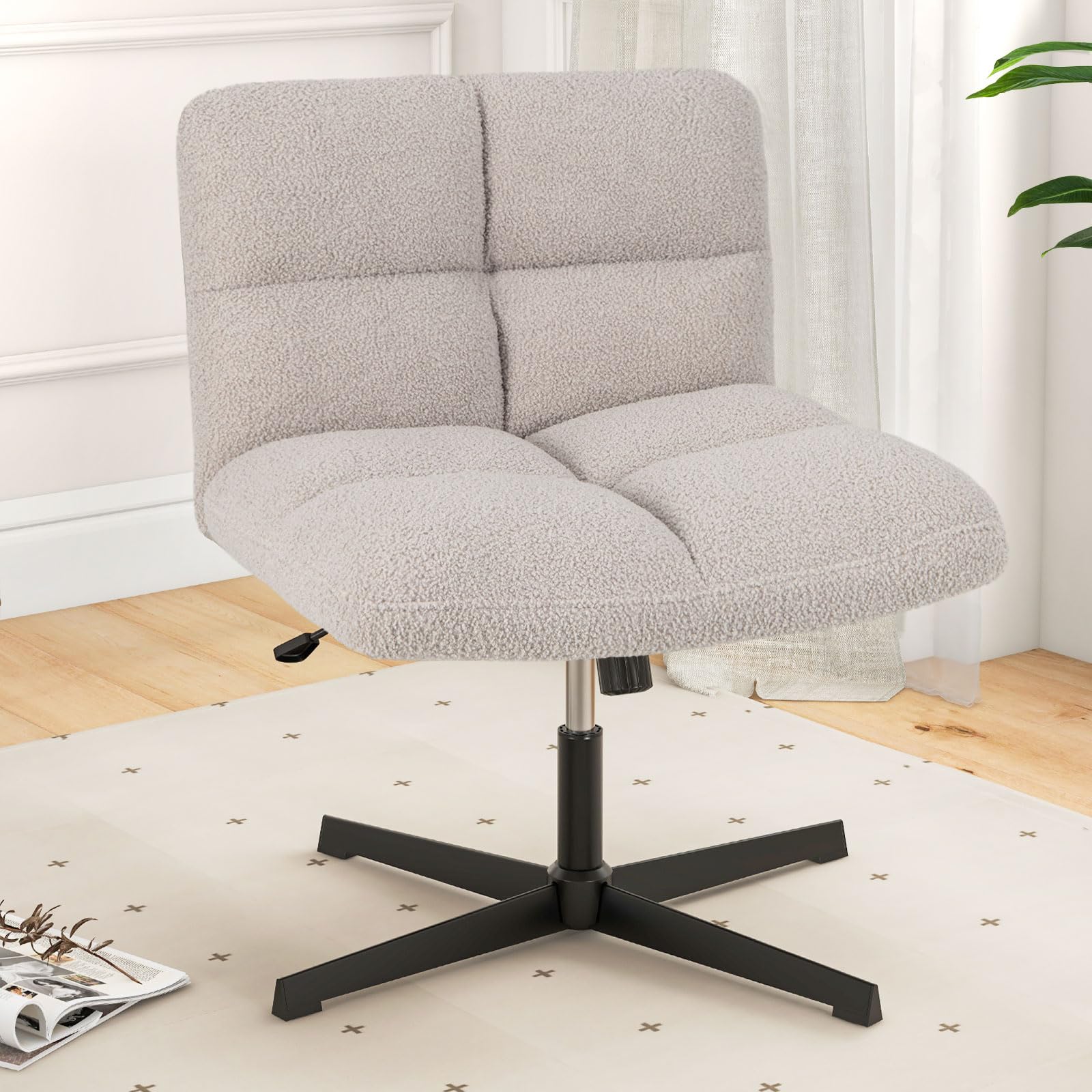 KOMFOTT Criss Cross Chair, Faux Fur Armless Cross Legged Office Desk Chair, Height Adjustable Computer Swivel Task Chair