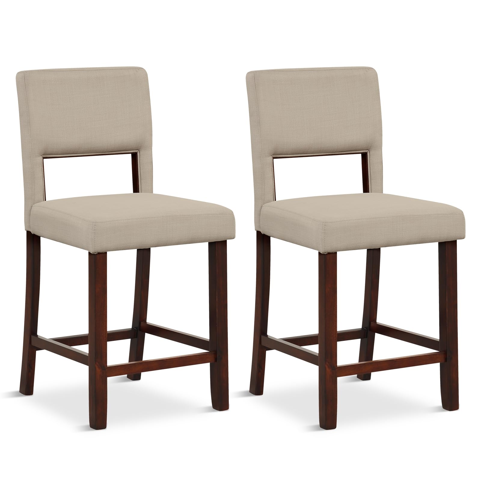 KOMFOTT 24.5" Counter Height Bar Stools Set of 2, Linen Barstools with Back, Rubber Wood Legs