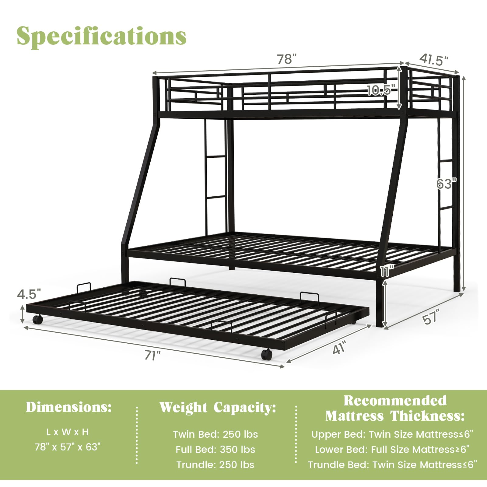 KOMFOTT Twin Over Full Heavy-Duty Metal Bunk Bed with Trundle, Guardrail & 2 Ladders