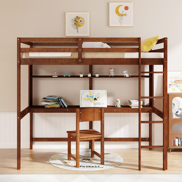 KOMFOTT Twin Loft Bed with Desk and Bookshelf, Solid Wood Loft Bed Frame with Full Length Safety Guardrail & Ladder