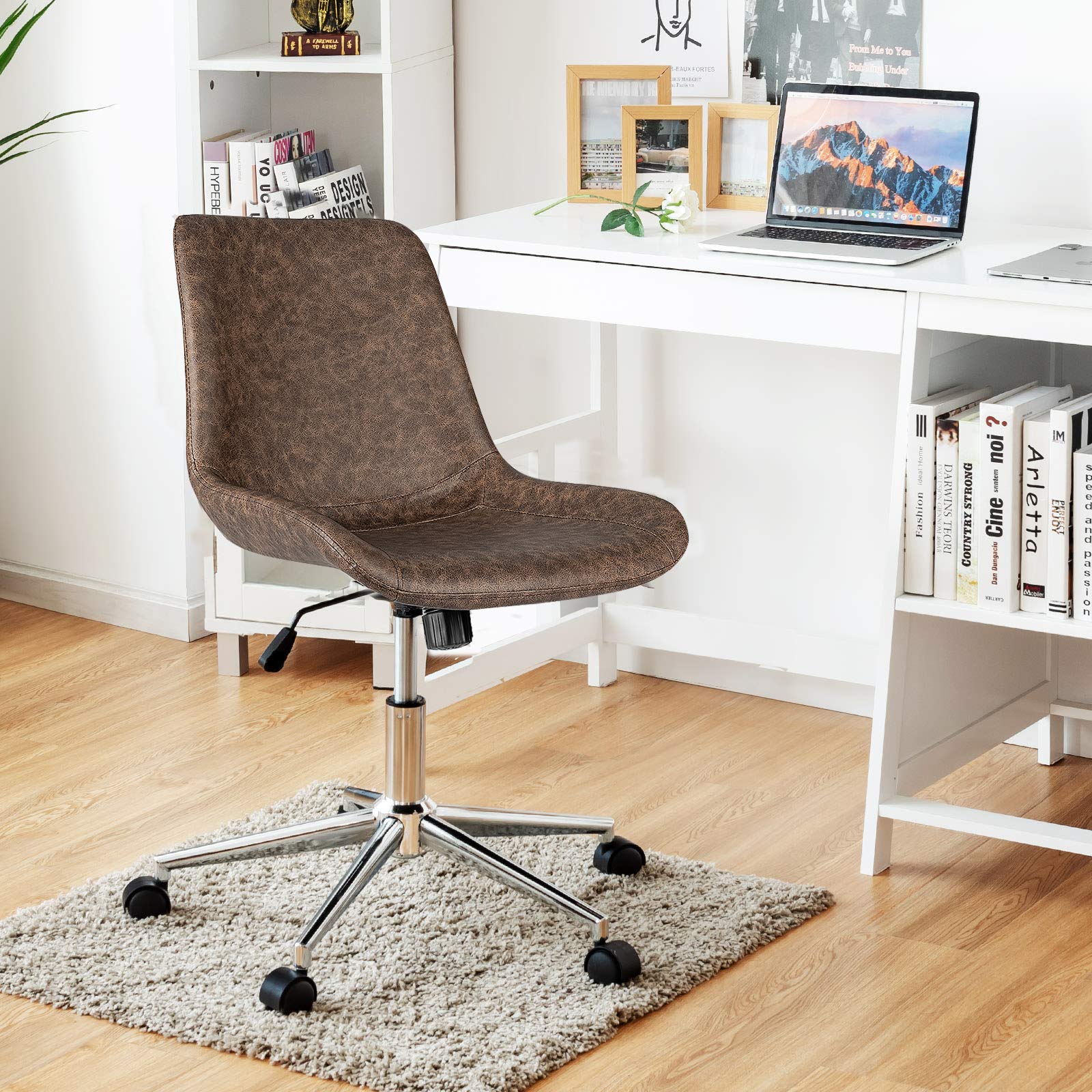 KOMFOTT Modern Home Office Chair, PU Armless Desk Chair, 360° Swivel Task Chairs