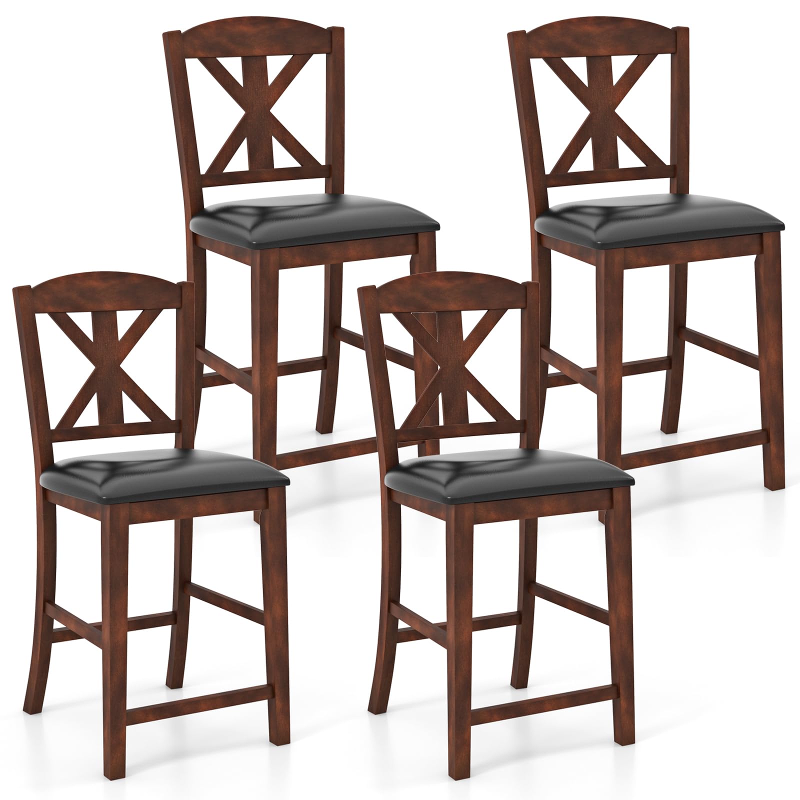 KOMFOTT Wood Bar Stools Set of 2, 24" Upholstered Counter Height Bar Chairs w/Hollowed High Back, PU Leather, Rubber Wood Legs