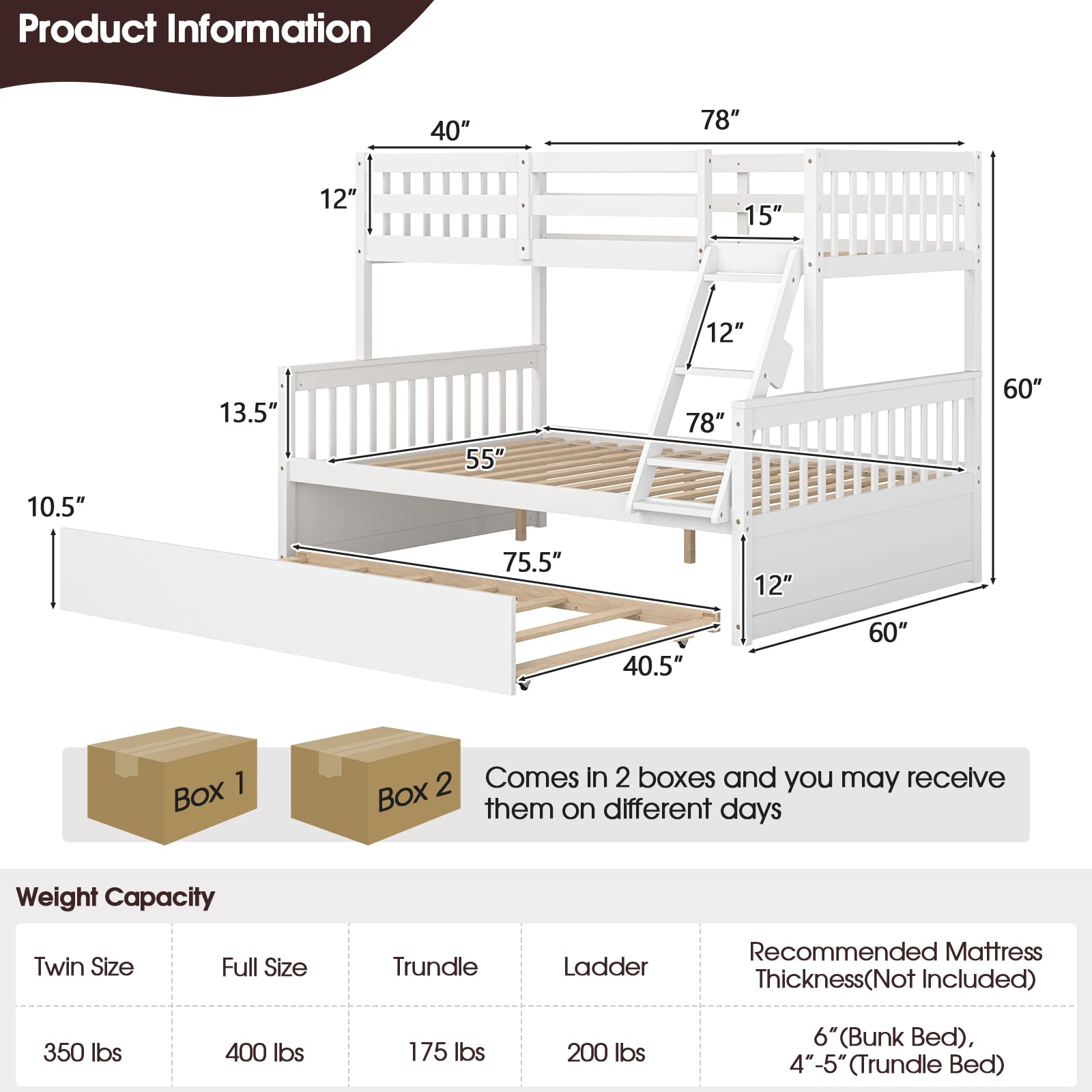 KOMFOTT Wood Twin Over Full Bunk Bed with Solid Pine Wood Frame