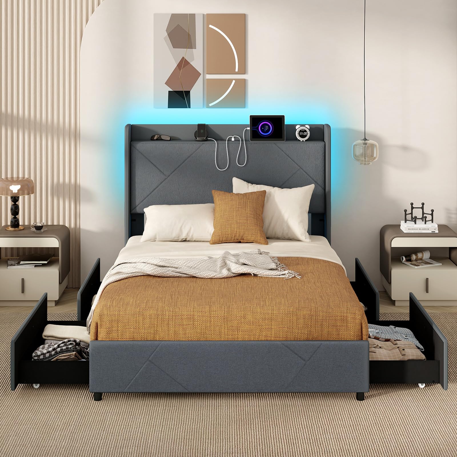 KOMFOTT Upholstered Bed Frame with 4 Storage Drawers & LED Lights, Wingback Headboard & Charging Station