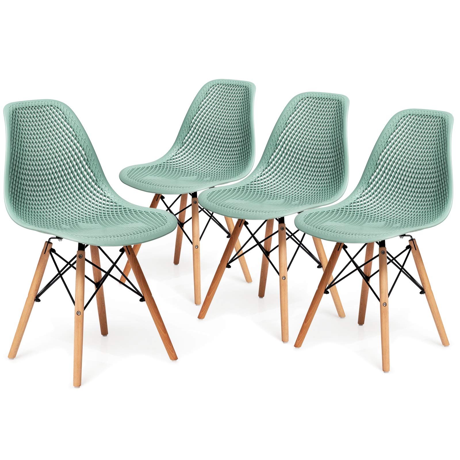 KOMFOTT Set of 4 Modern Dining Chairs, Outdoor Indoor Shell PP Lounge Side Chairs with Mesh Design, Beech Wood Legs