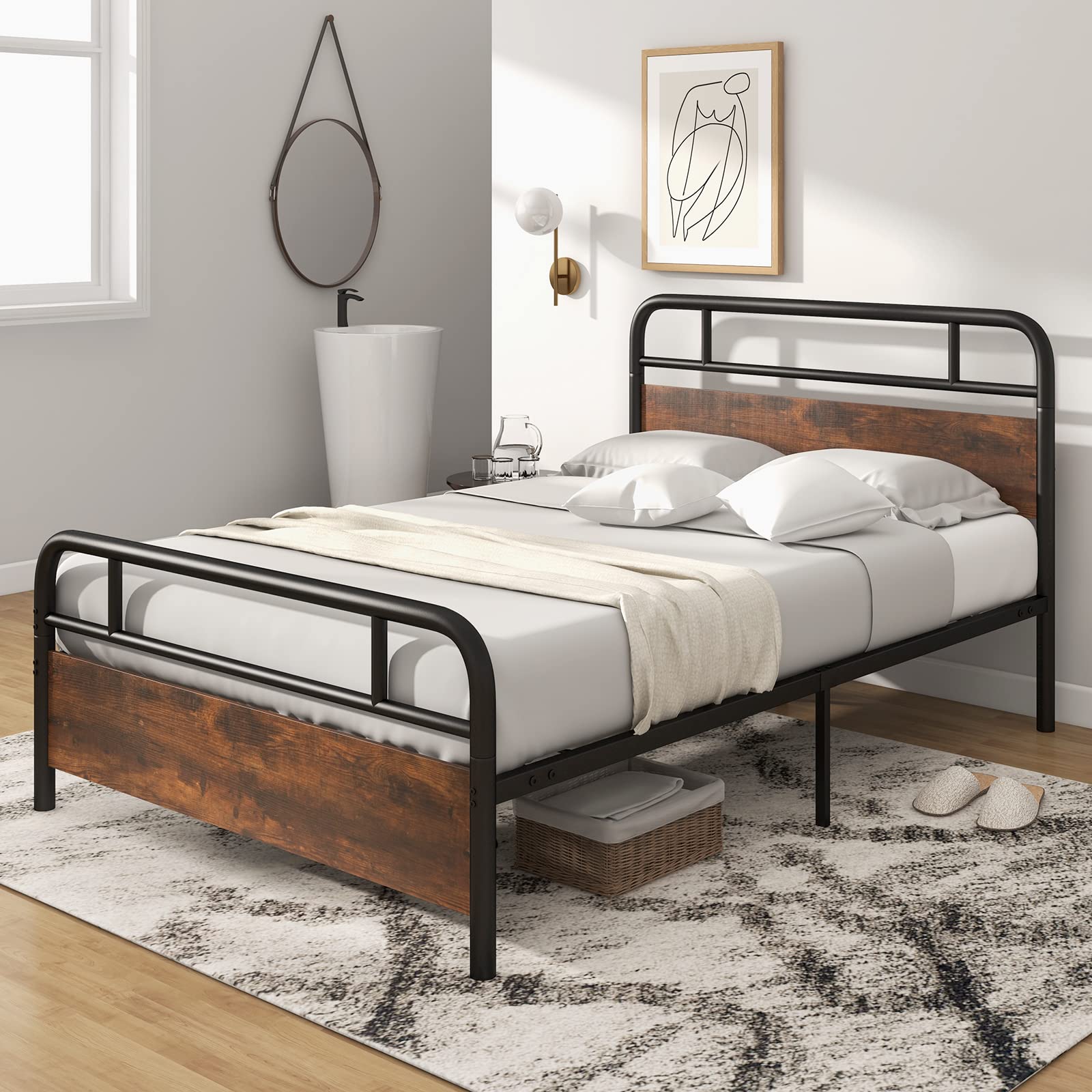 KOMFOTT Industrial Metal Bed Frame with Wood Headboard and Footboard, Rustic Brown