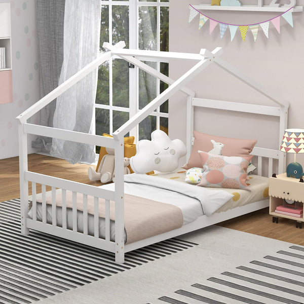 KOMFOTT Twin Wood House Bed for Kids, Low Profile Floor Bed Frame with Roof