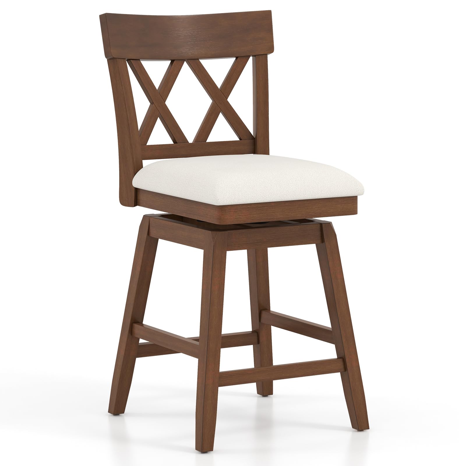 KOMFOTT Bar Stool, Swivel Counter Height Bar Chair with Contoured Backrest, Padded Seat & Rubber Wood Legs