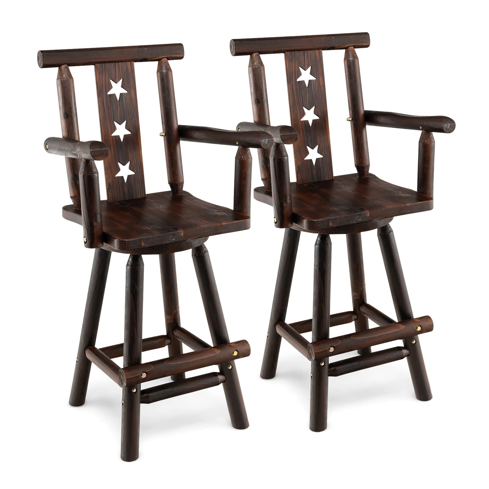 KOMFOTT Bar Stools Set of 2, 29’’ Solid Fir Wood Bar Chair with Footrest, Decorative Star Backrest, Wide Armrest