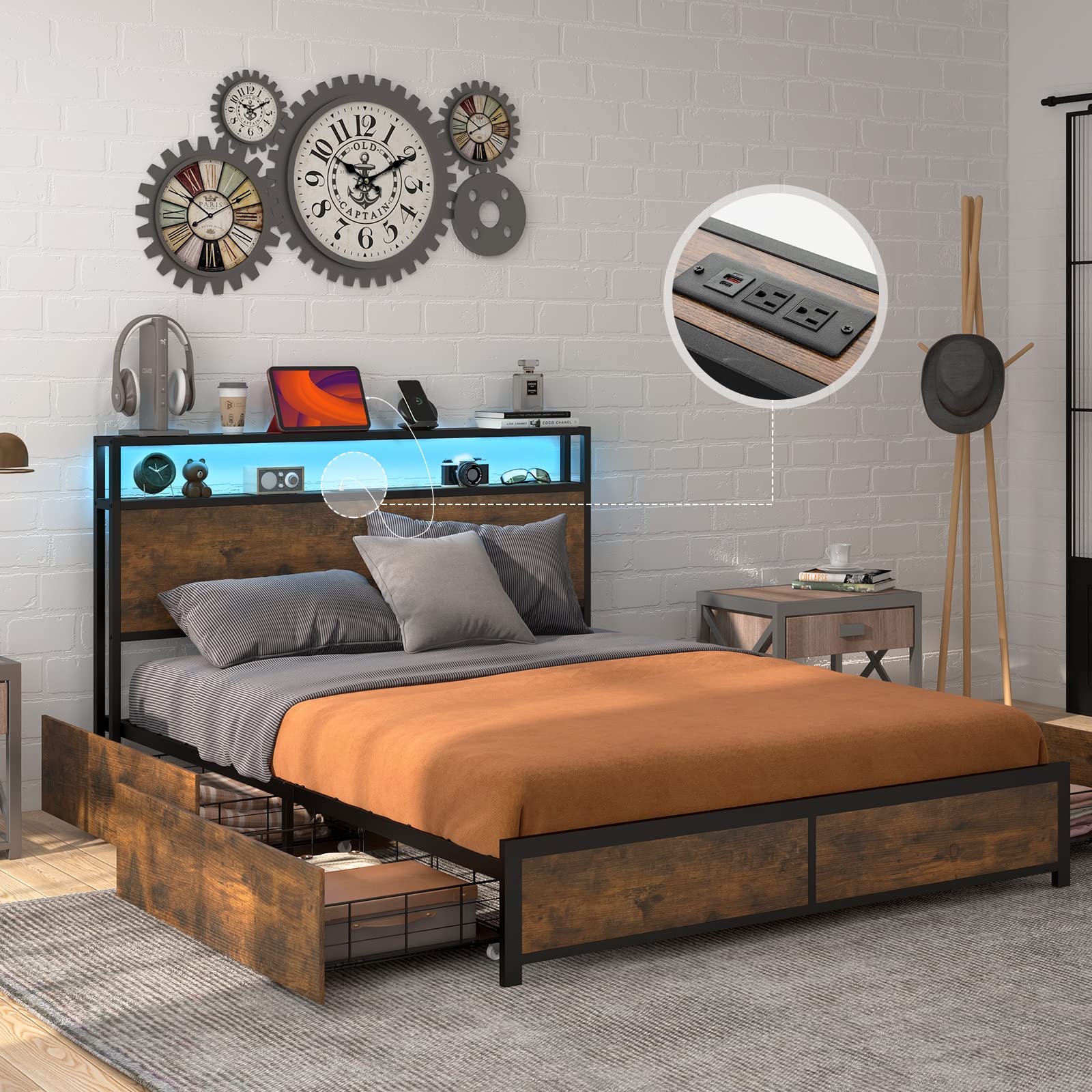 Bed Frame with LED Lights Headboard and 4 Storage Drawers, Metal Platform Bed with Outlets and USB Ports Charging Station