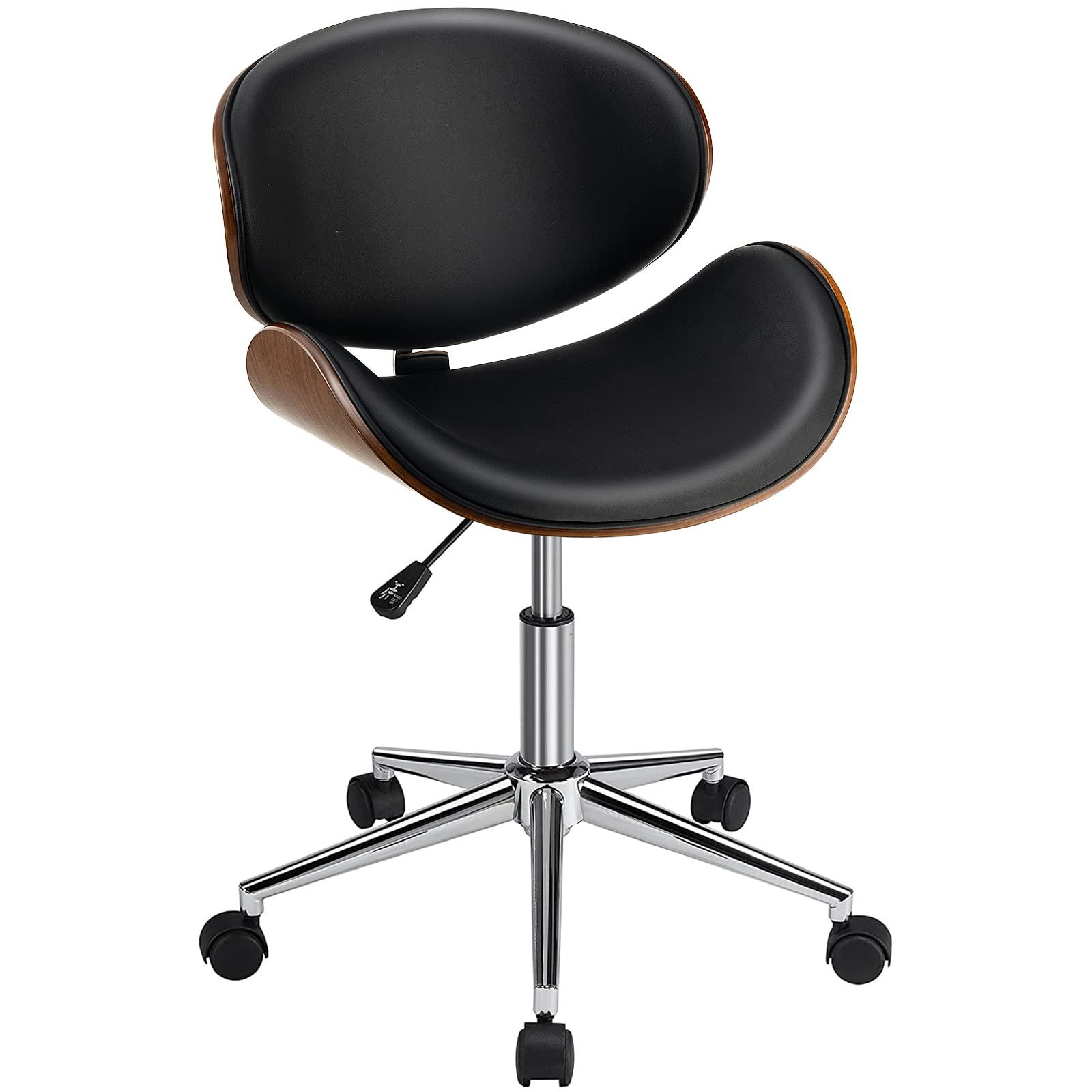 KOMFOTT Mid-Century Home Desk Chair, Faux Leather Armless Office Chair w/Curved Bentwood Seat & Height Adjustable