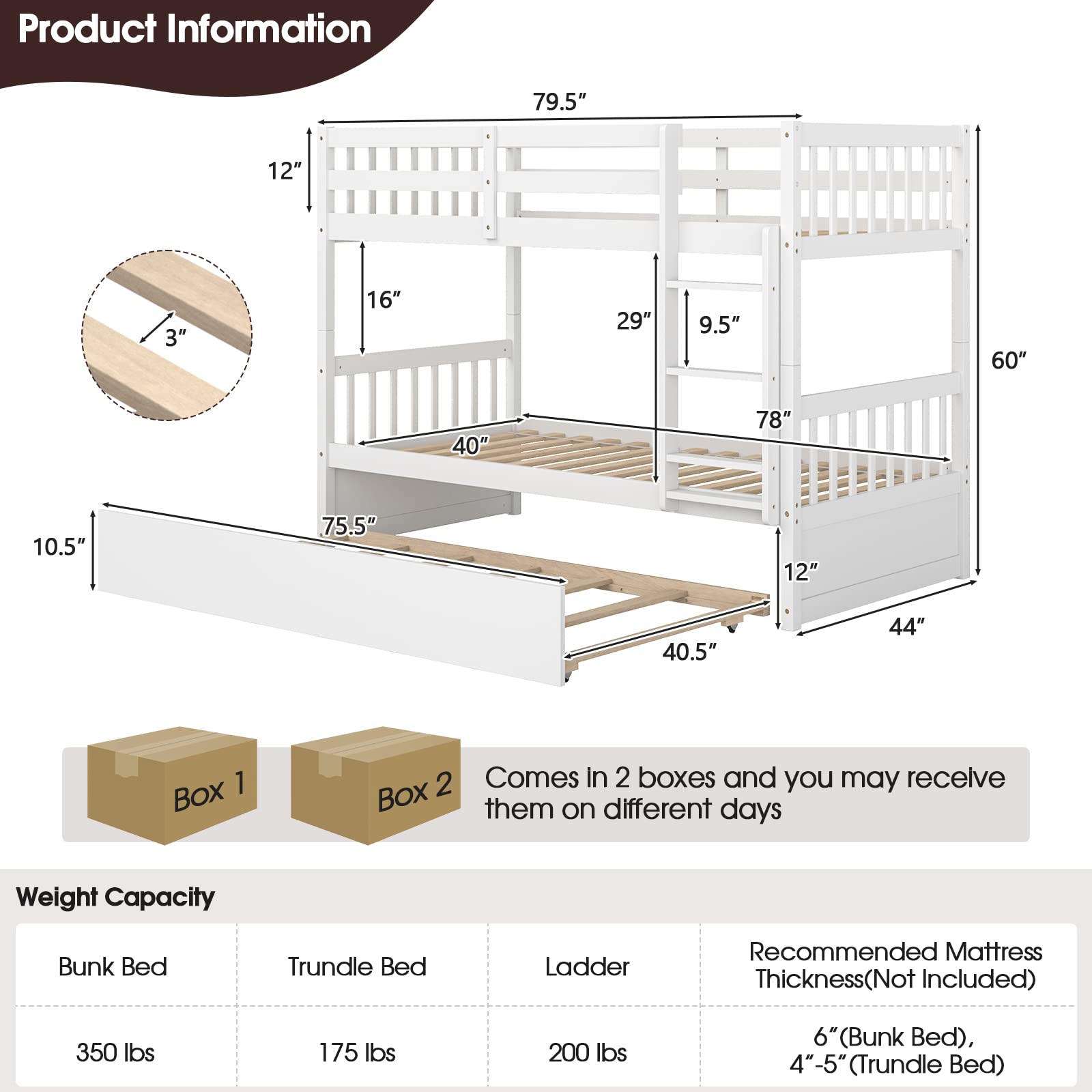 KOMFOTT Twin Over Twin Wood Bunk Bed with Trundle, Convertible Platform Bed Frame with Ladder & Solid Wood Frame