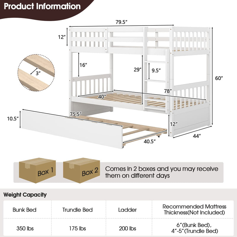 KOMFOTT Twin Over Twin Bunk Bed with Trundle, Convertible Platform Bed Frame with Ladder & Solid Wood Frame