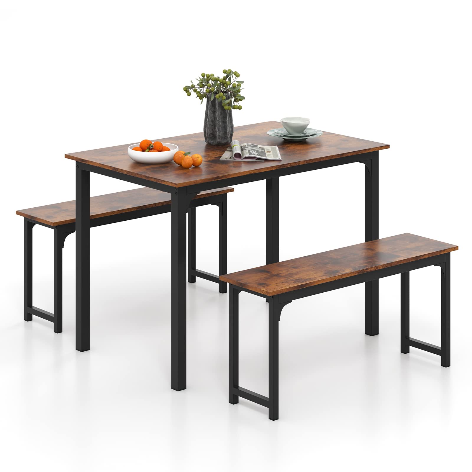 KOMFOTT Dining Table Set with 2 Benches, Industrial Kitchen Table & Chairs with Metal Frame