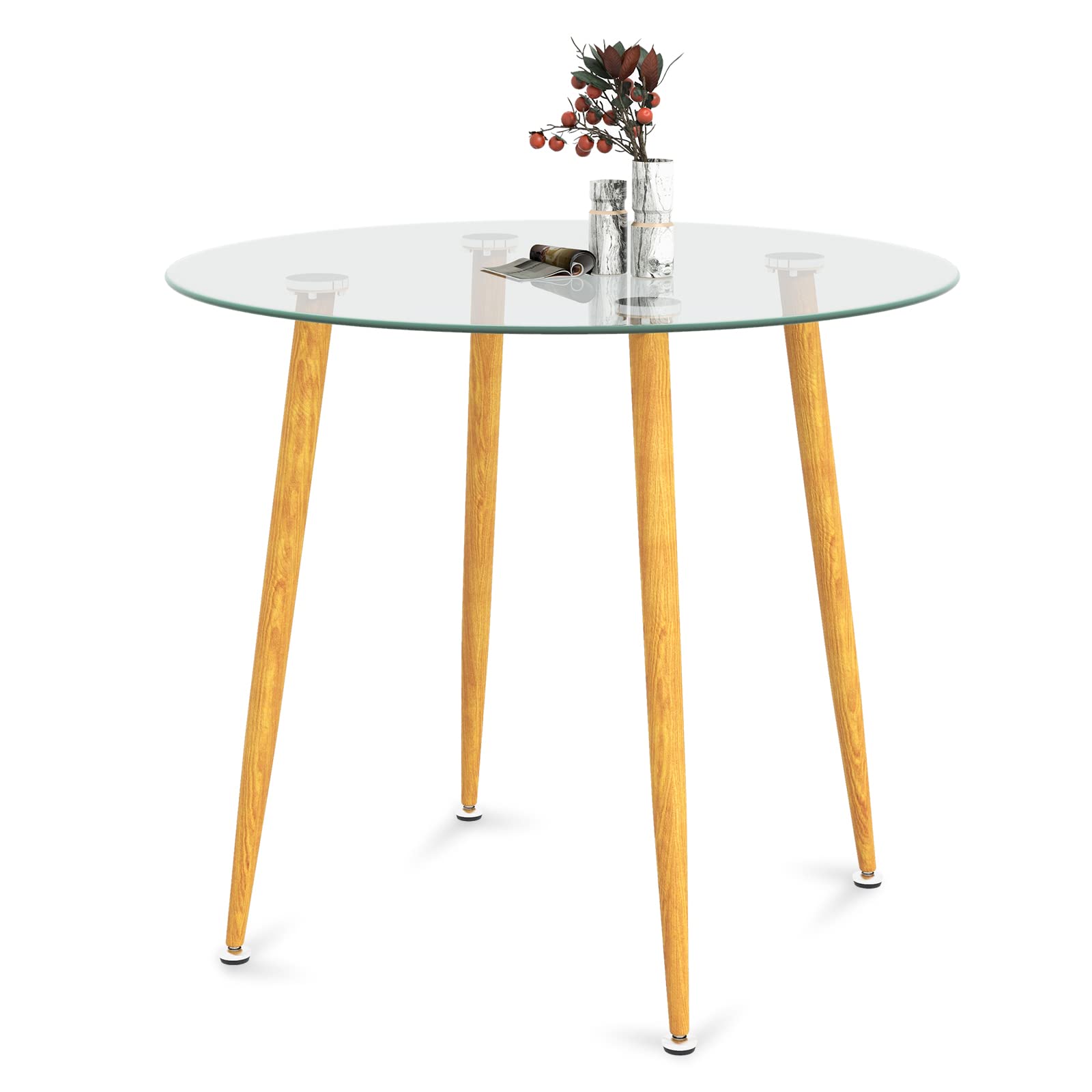 KOMFOTT Round Glass Dining Table, 35.5" D x 30" H Kitchen Dinner Table w/Tempered Glass Tabletop & Metal Legs