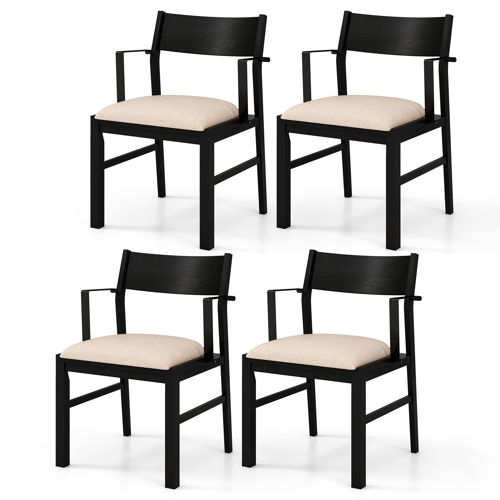 Komfott Dining Chairs Set of 2, Accent Armchairs with Padded Seat, Metal Armrest, Solid Rubber Wood Legss