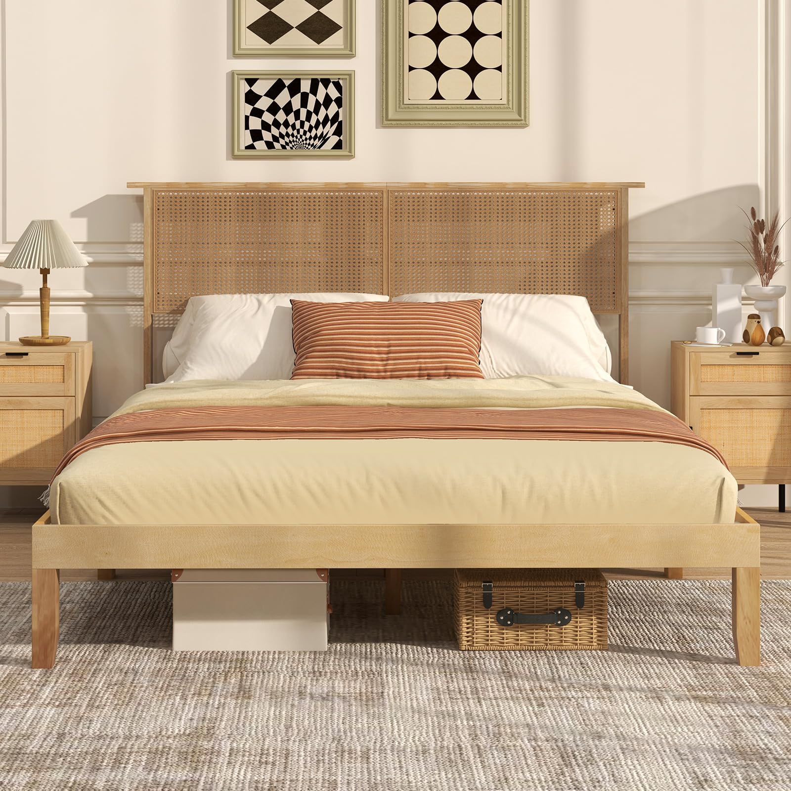 KOMFOTT Rattan Bed Frame with Rattan Headboard, Boho Solid Wood Platform Bed with Wooden Slats