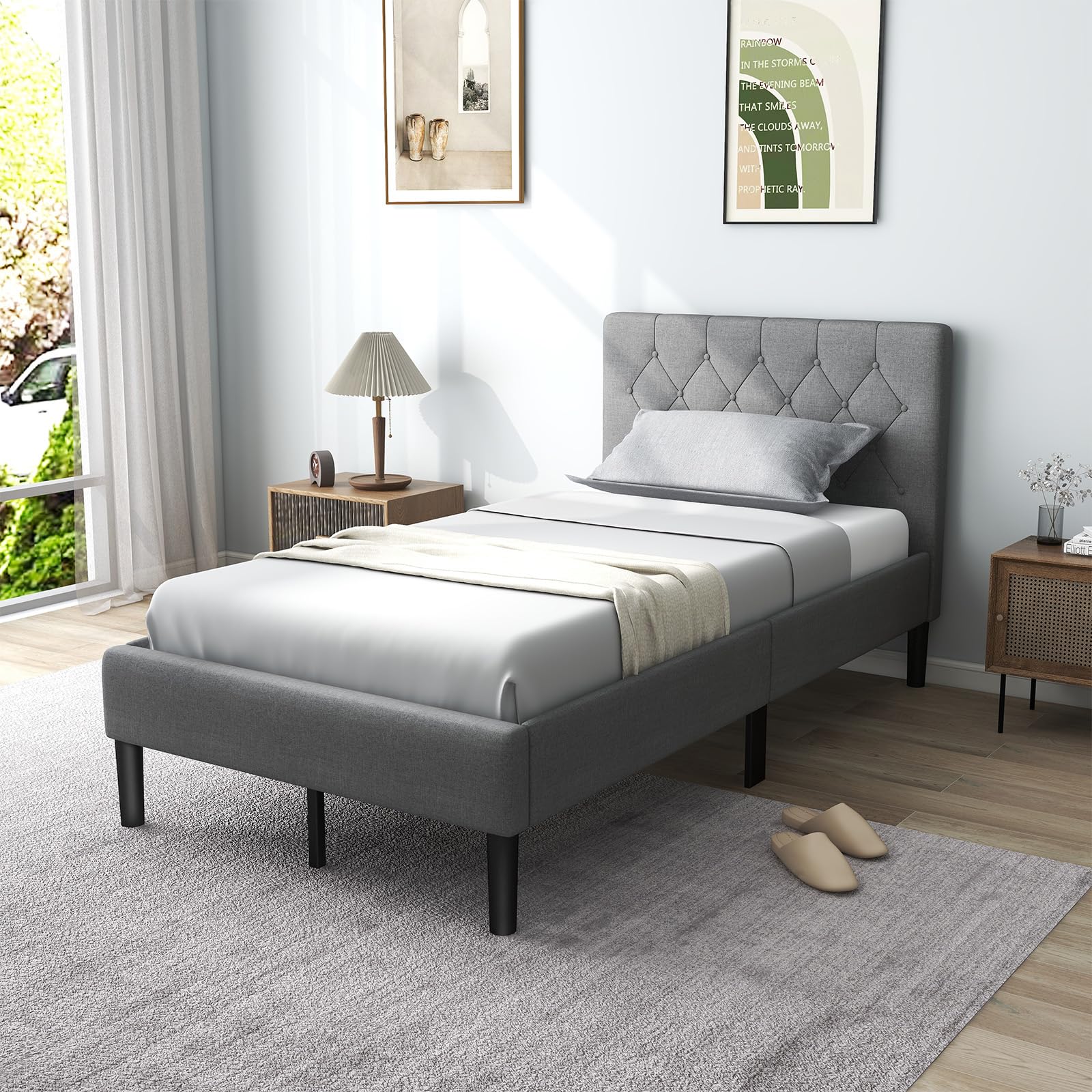 KOMFOTT Twin Size Upholstered Bed Frame with Button Tufted Headboard