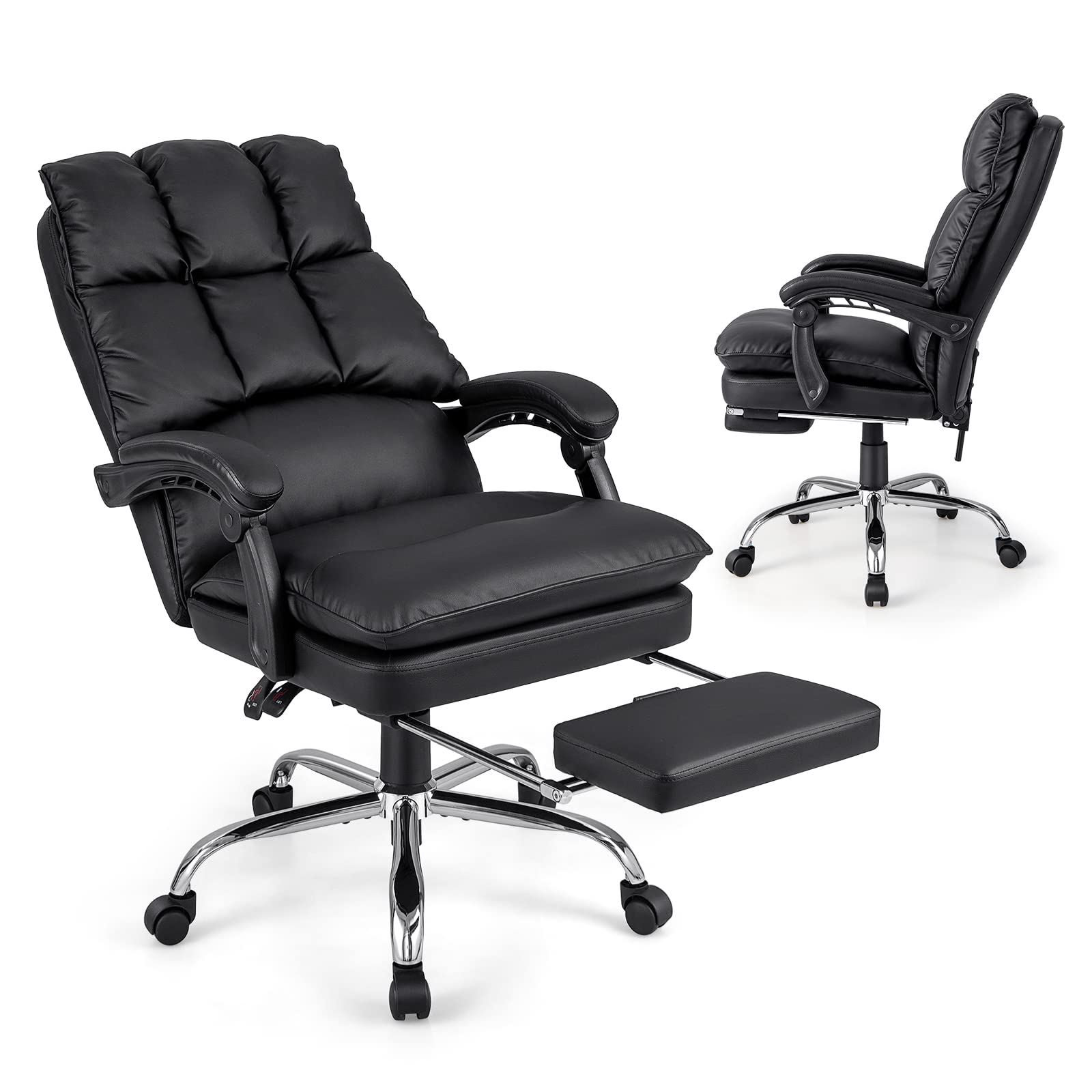 KOMFOTT Executive Office Chair, PU Leather Reclining Chair with Retractable Footrest & Padded Armrests, Soft Cushioned