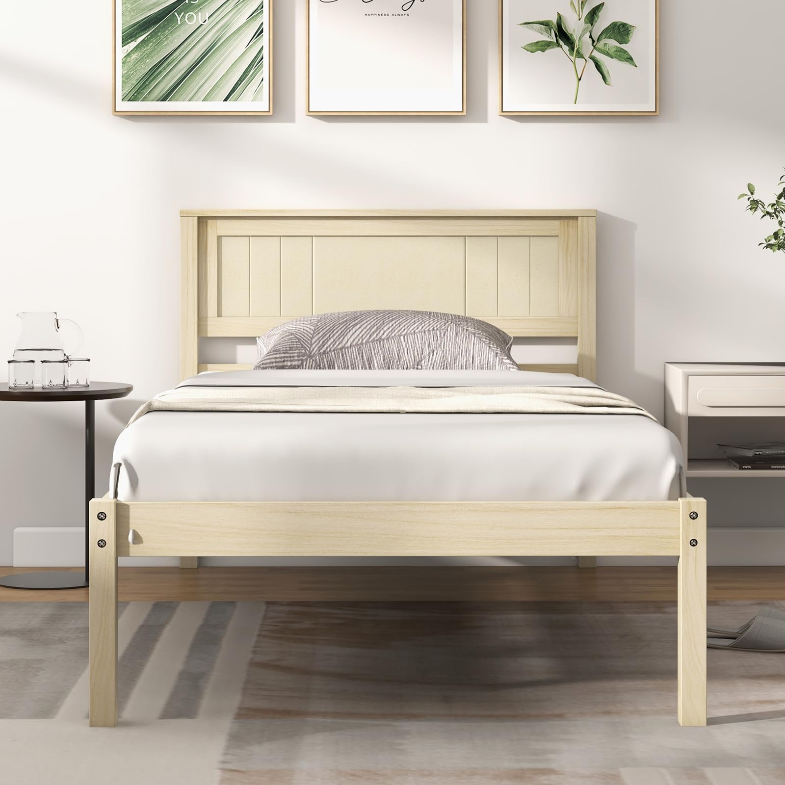 KOMFOTT Wooden Platform Bed Frame with Headboard & Wood Slat Support