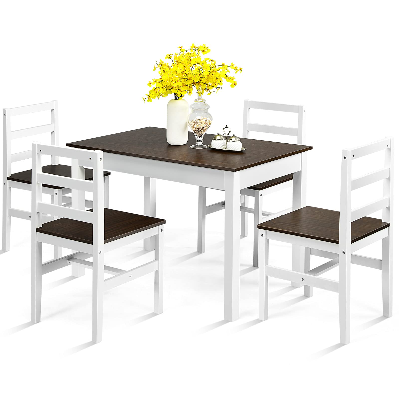 KOMFOTT 5 Piece Dining Set of 4, Solid Wood Rectangular Table & 4 Chairs, Farmhouse Dinette Set w/Pine Wood Legs