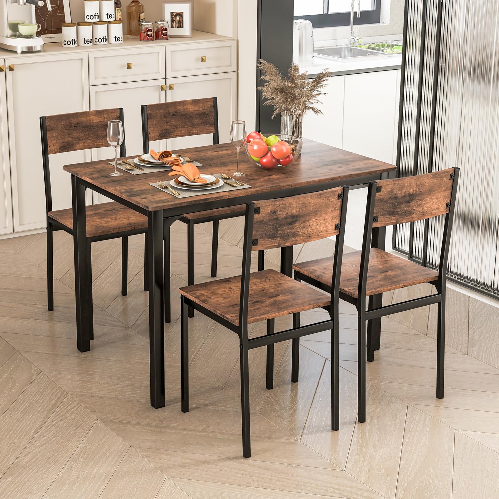 KOMFOTT 5-Piece Dining Table Set, Industrial Kitchen Table and Chairs for 4 with Backrest and Metal Frame, Rectangular Space-Saving Dinette Set