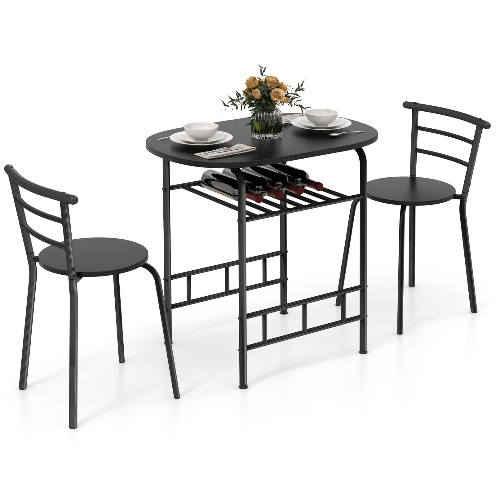 KOMFOTT 3 Piece Dining Set, 2 Chairs and Table Set with Metal Frame and Shelf Storage