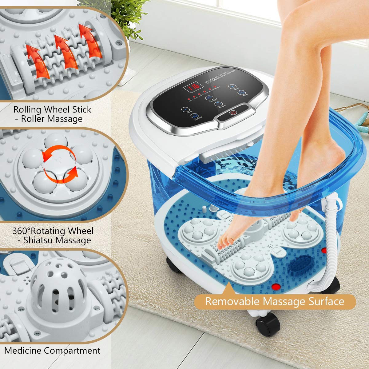 KOMFOTT Foot Spa Bath Massager w/Heat, Adjustable Water Shower, Motorized Shiatsu Massage Balls, Time & Temper Control