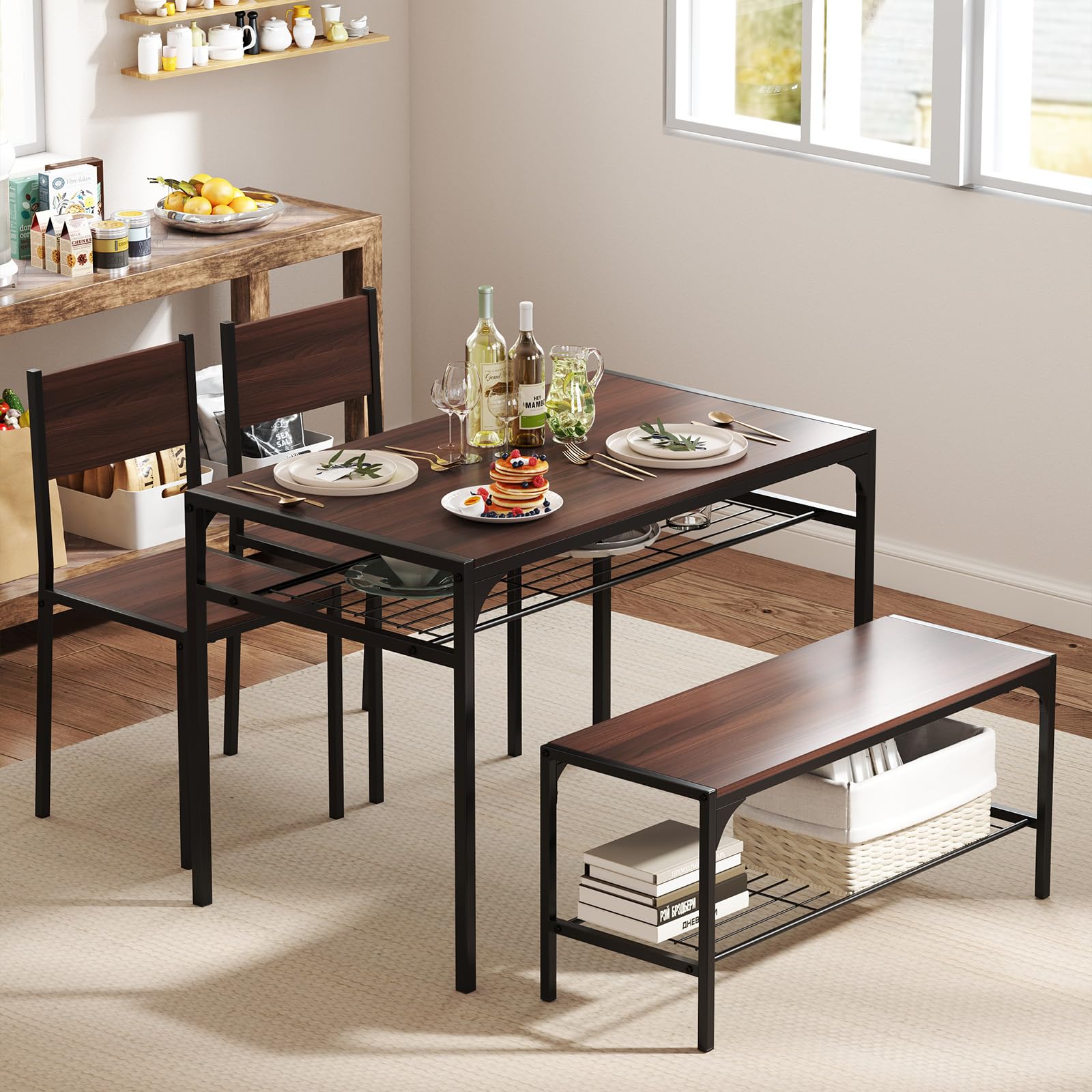 KOMFOTT 4 Pieces Dining Table Set, Kitchen Table and 2 Chairs for 4 with Bench, Storage Racks