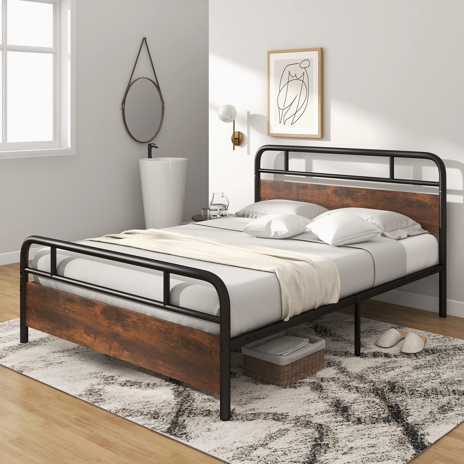 KOMFOTT Industrial Metal Bed Frame with Wood Headboard and Footboard, Rustic Brown