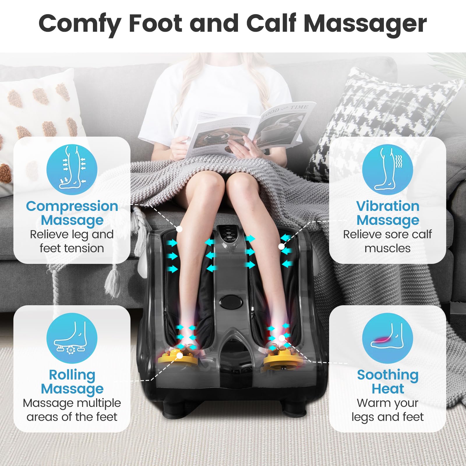 KOMFOTT Foot and Calf Massager with Heat，Shiatsu Foot Massager Machine with Vibration, Deep Kneading, 3-Level Intensity Modes