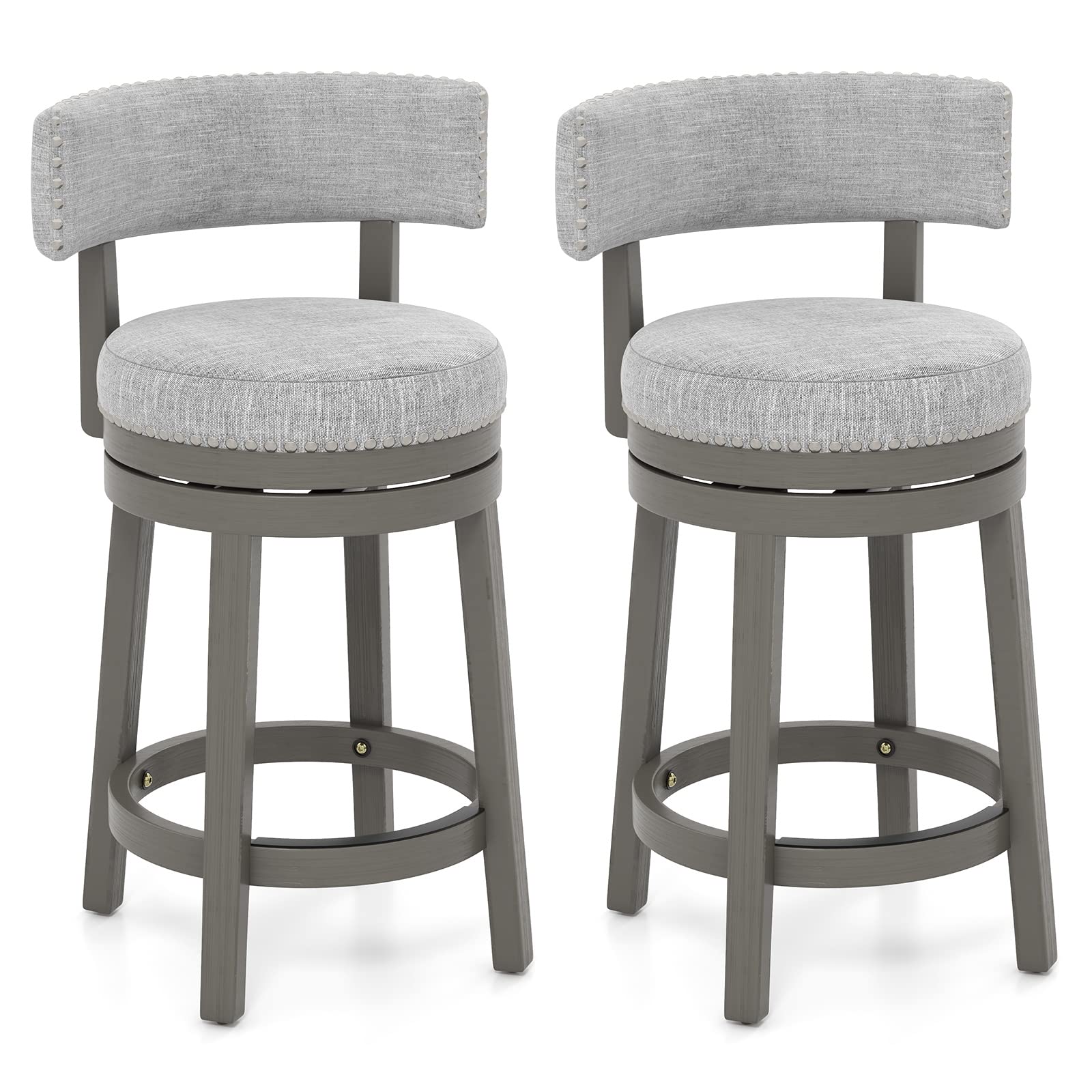 KOMFOTT Bar Stool, Modern 360° Swivel Barstool with Upholstered Back & Seat, Solid Rubber Wood Legs & Round Footrest