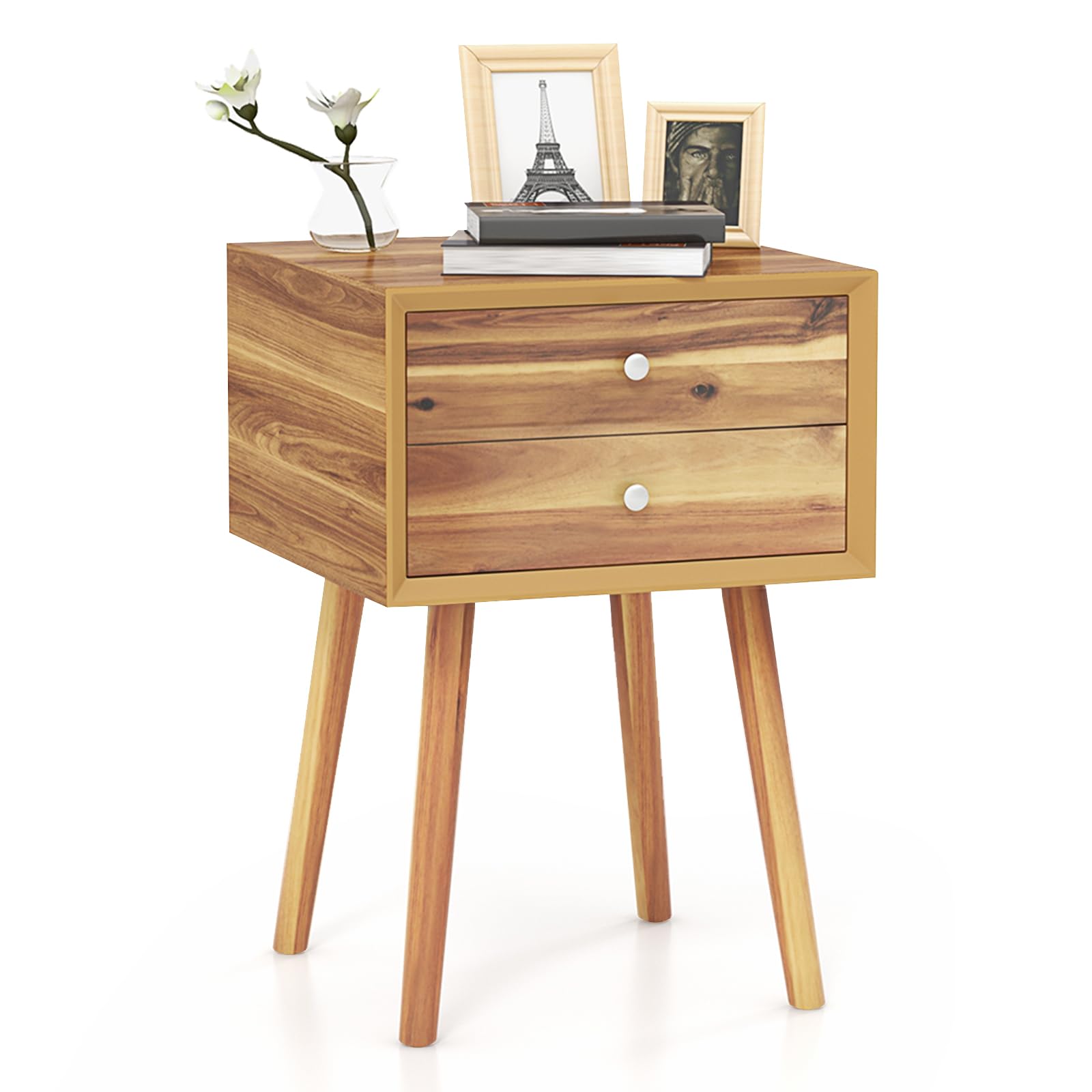 KOMFOTT 2-Drawer Nightstand, Mid-Century Modern Bed Side Table with Storage