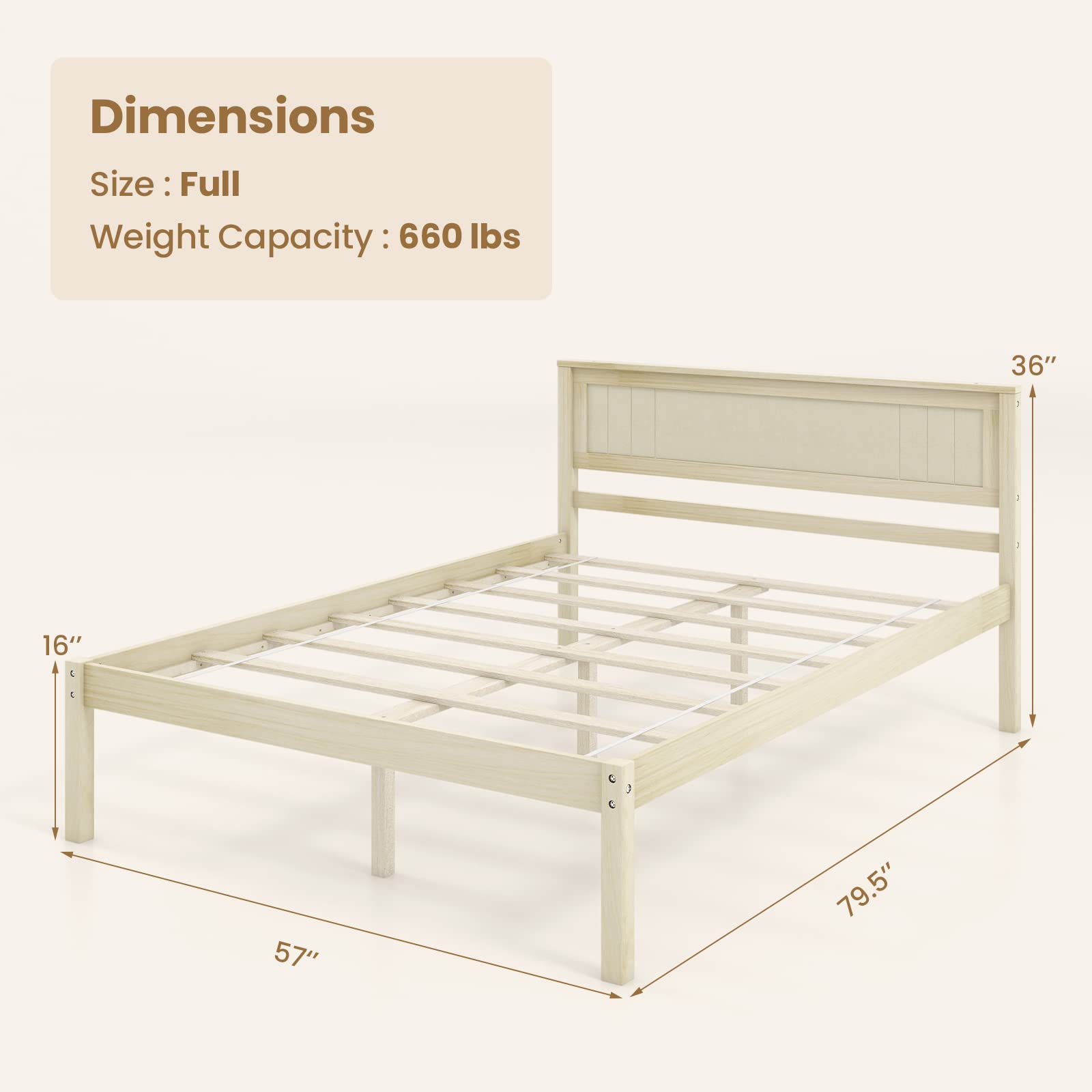 KOMFOTT Wooden Platform Bed Frame with Headboard & Wood Slat Support