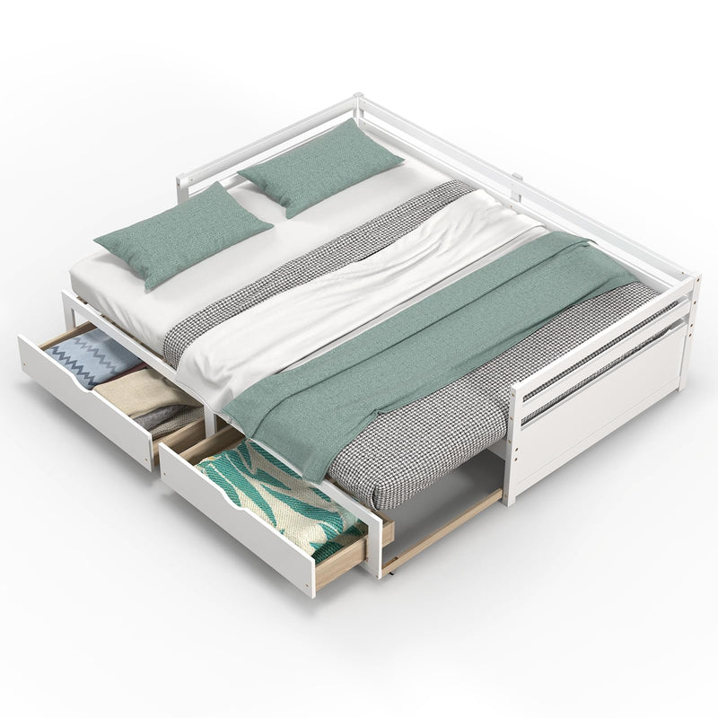 KOMFOTT Wood Daybed with Trundle, Extendable Twin to King Daybed Frame with 2 Storage Drawers