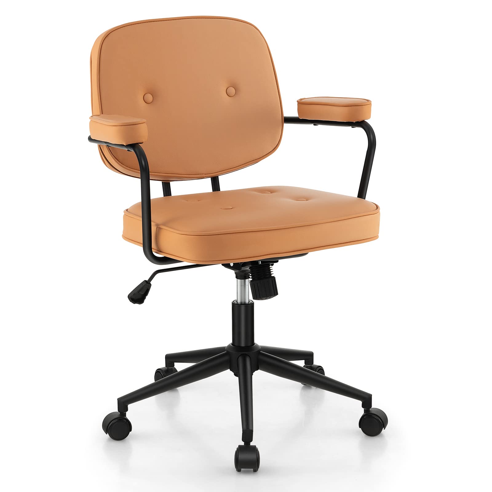 KOMFOTT Mid Century Leather Office Chair Orange, Height Adjustable Desk Chair with Rocking Backrest & Padded Armrest