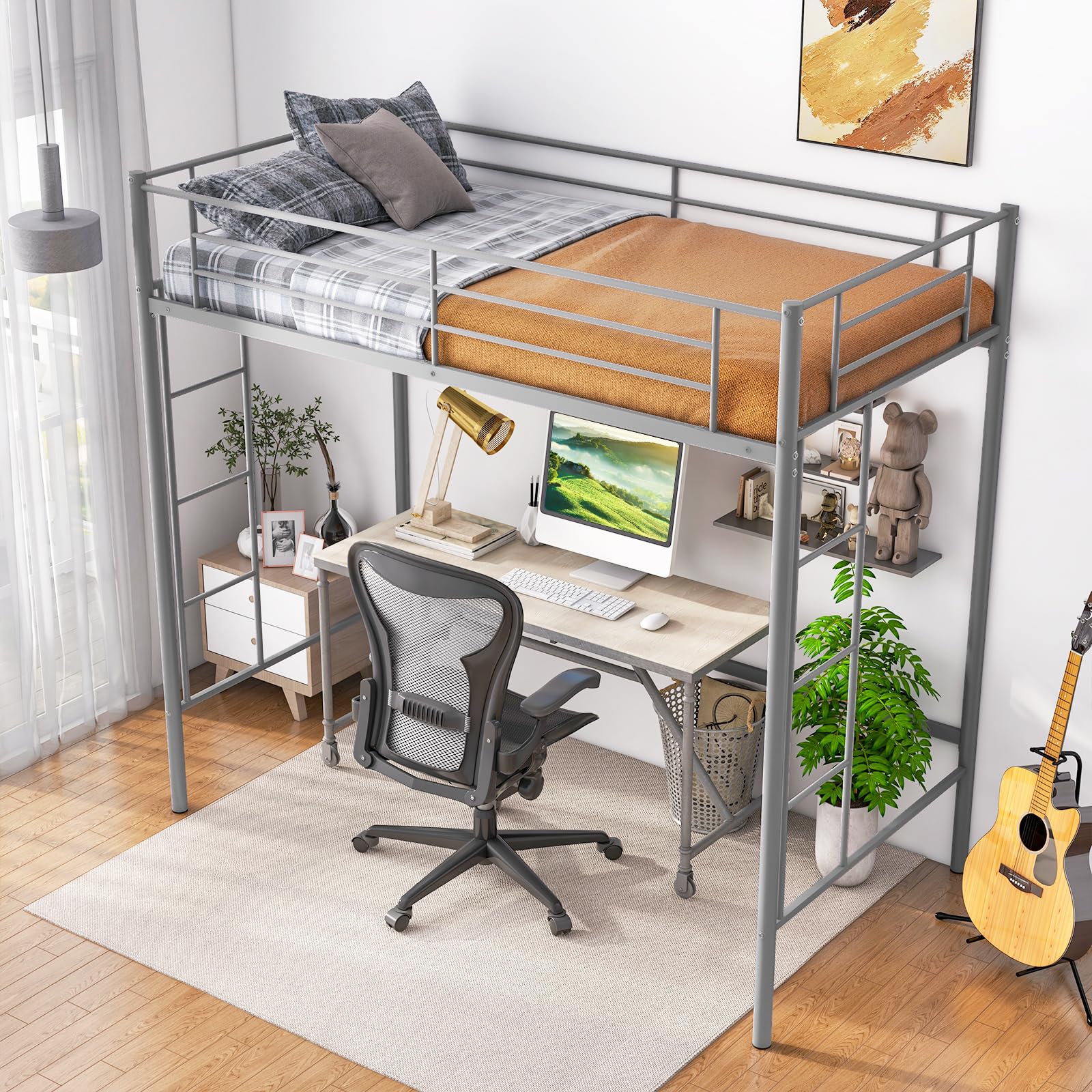 KOMFOTT Metal Loft Bed Frame Twin Size, Heavy-duty Steel Slats Support Loft Bed with Both Side Ladders & Guardrails