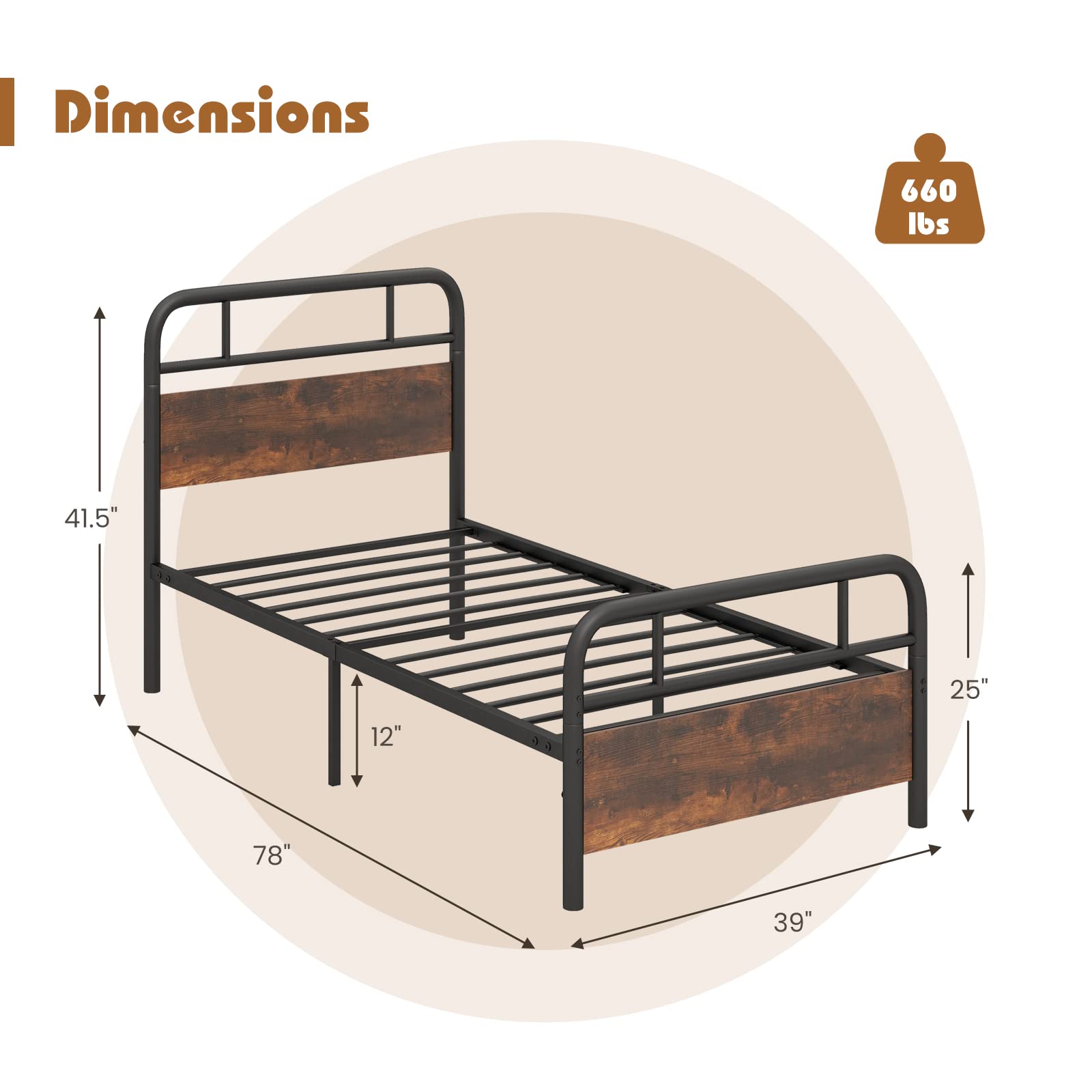 KOMFOTT Industrial Metal Bed Frame with Wood Headboard and Footboard, Rustic Brown