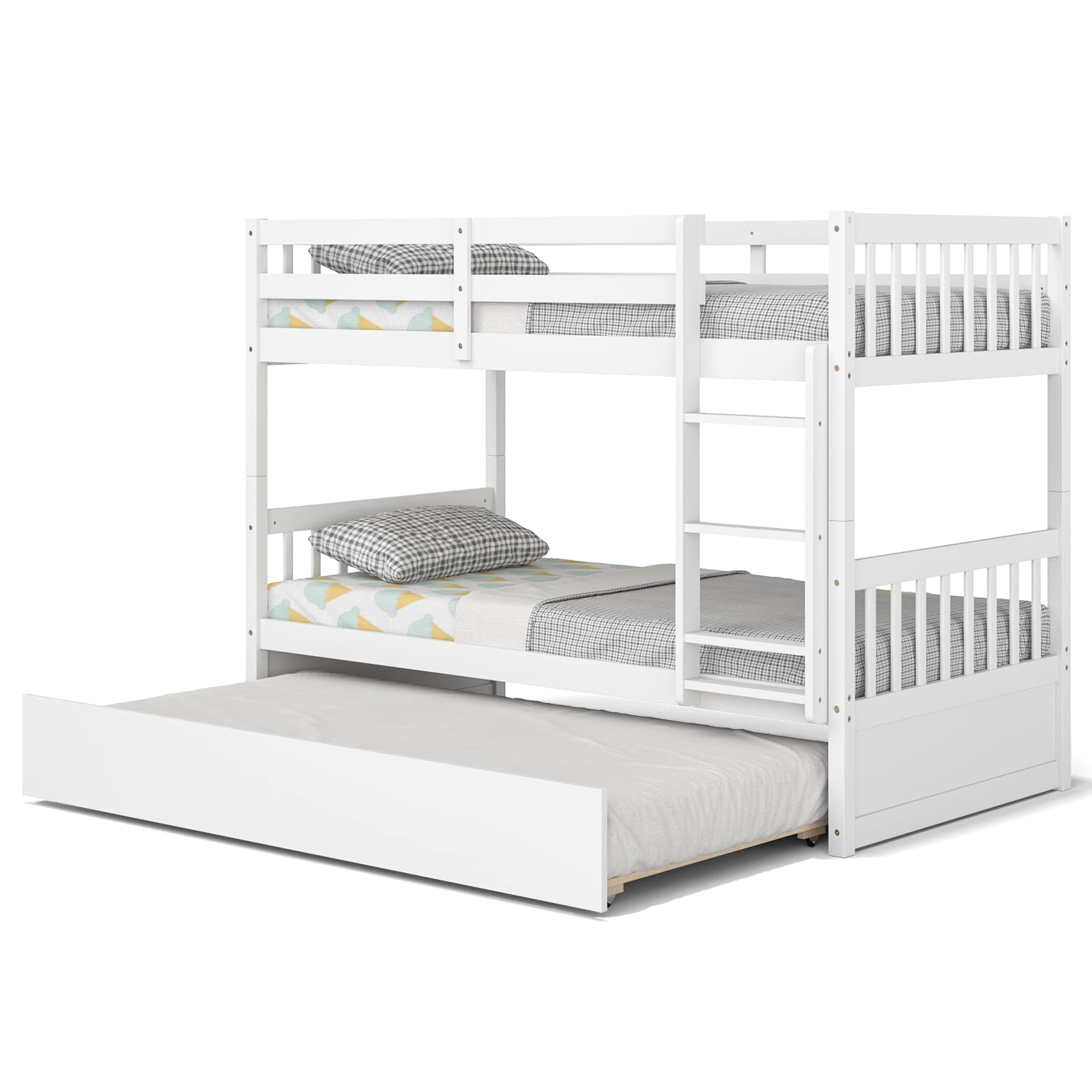 KOMFOTT Twin Over Twin Wood Bunk Bed with Trundle, Convertible Platform Bed Frame with Ladder & Solid Wood Frame